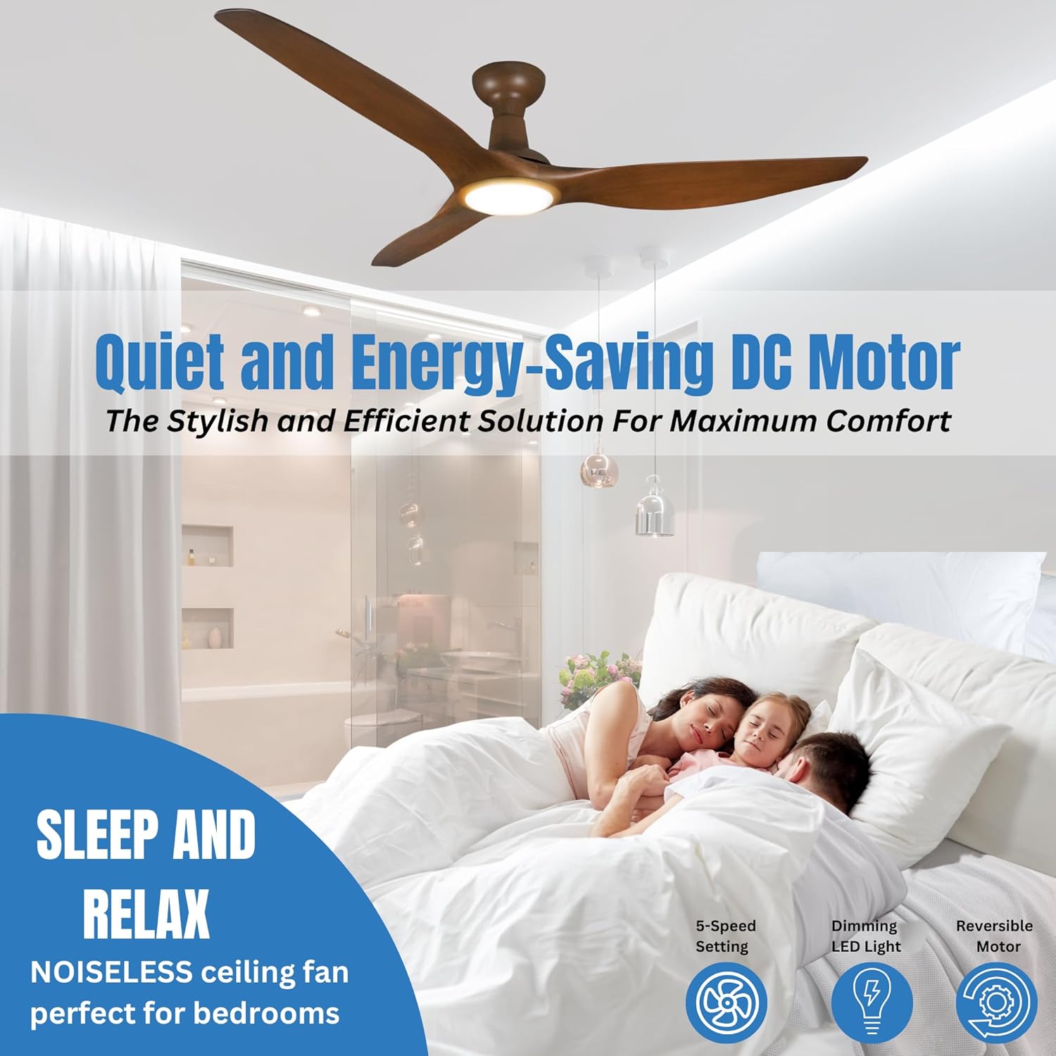 Venta Ventilador de techo de 3 aspas con certificación ETL de 64 pulgadas con control remoto de luces, color madera natural con luz LED y