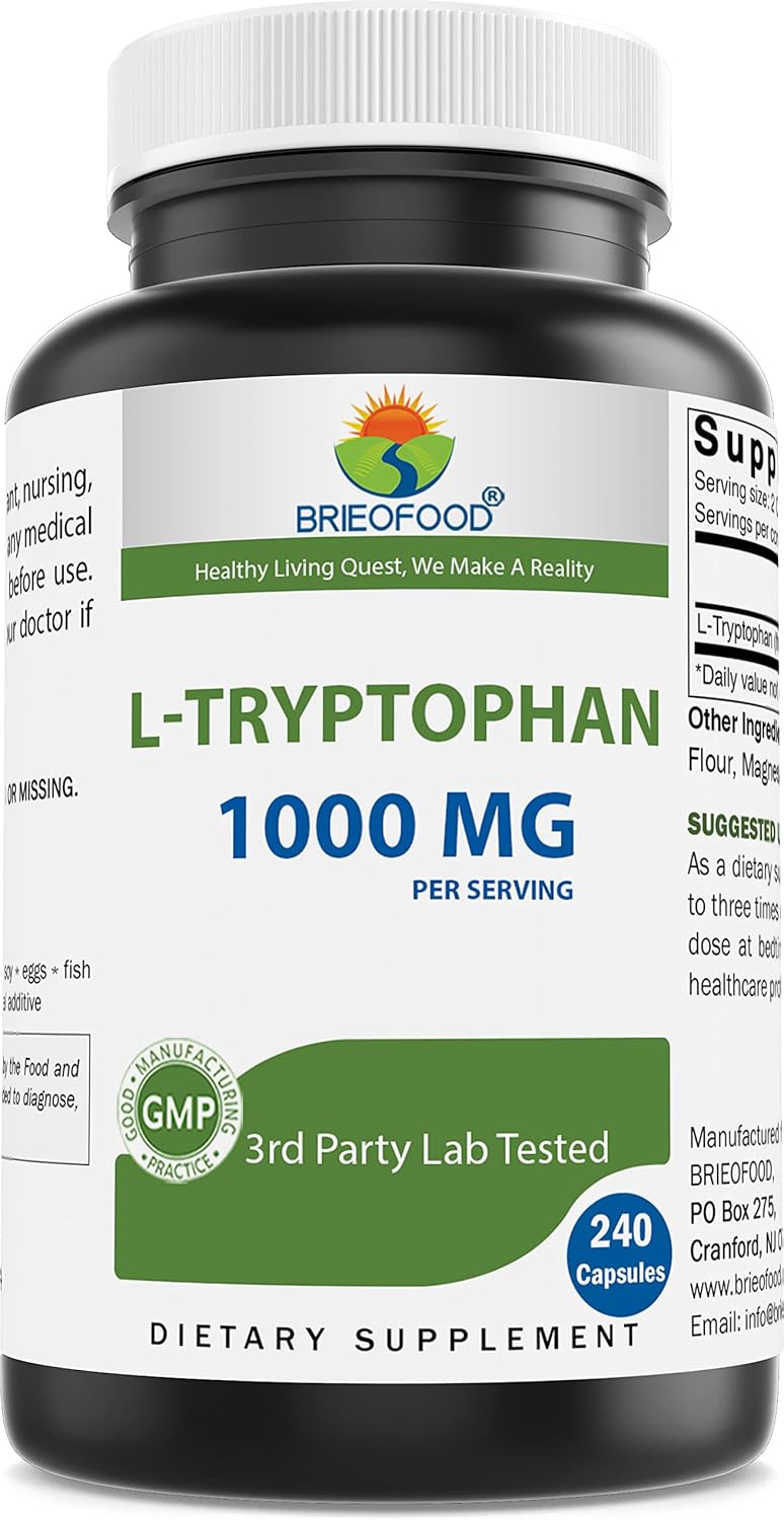 Brieofood L-triptófano 1000 mg por porción – 240 cápsulas – Apoya el estado de ánimo venenoso y la relajación