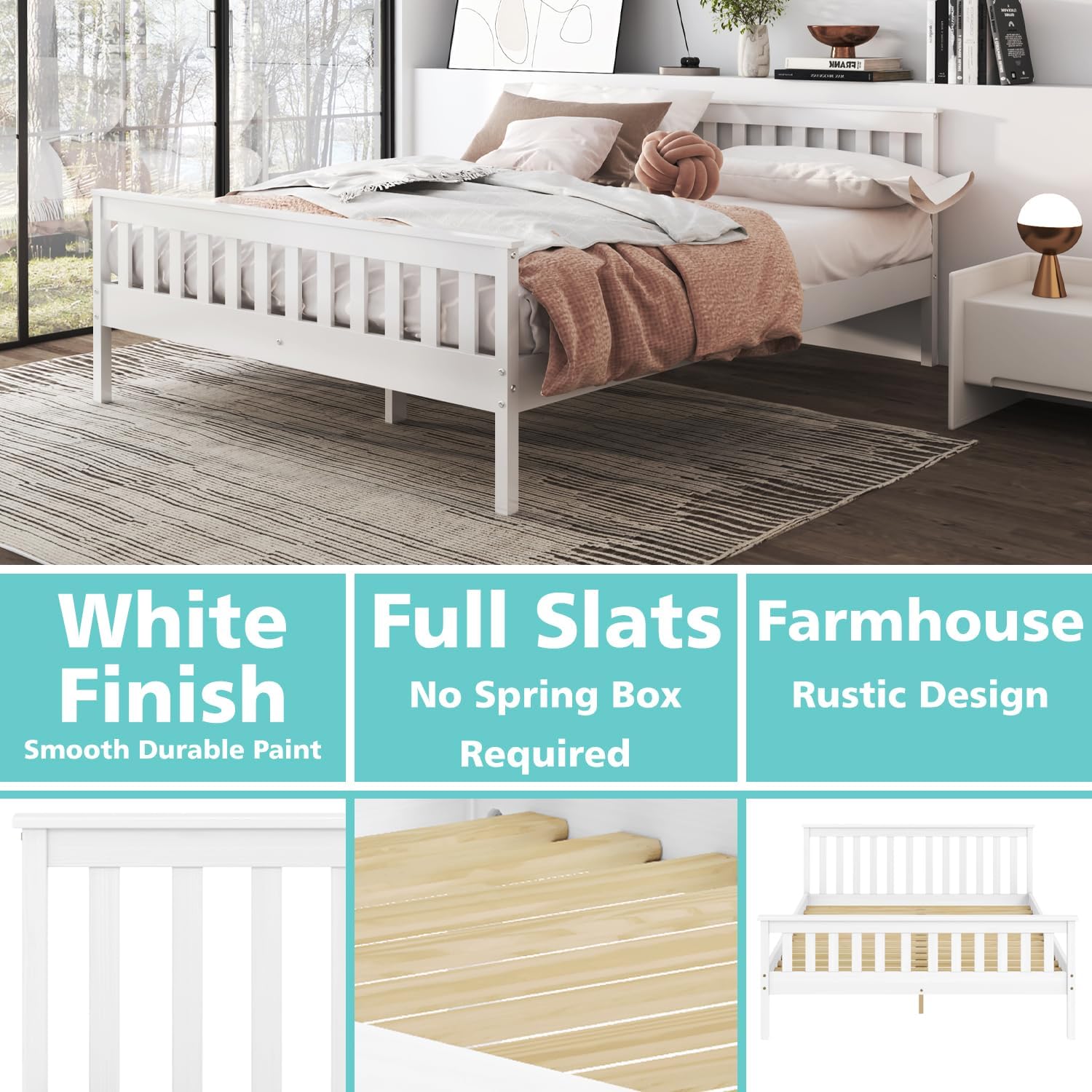 Classic Shaker Style Farmhouse – Cama de plataforma de pino macizo rústica, base de madera maciza con soporte de listones de madera, no necesita