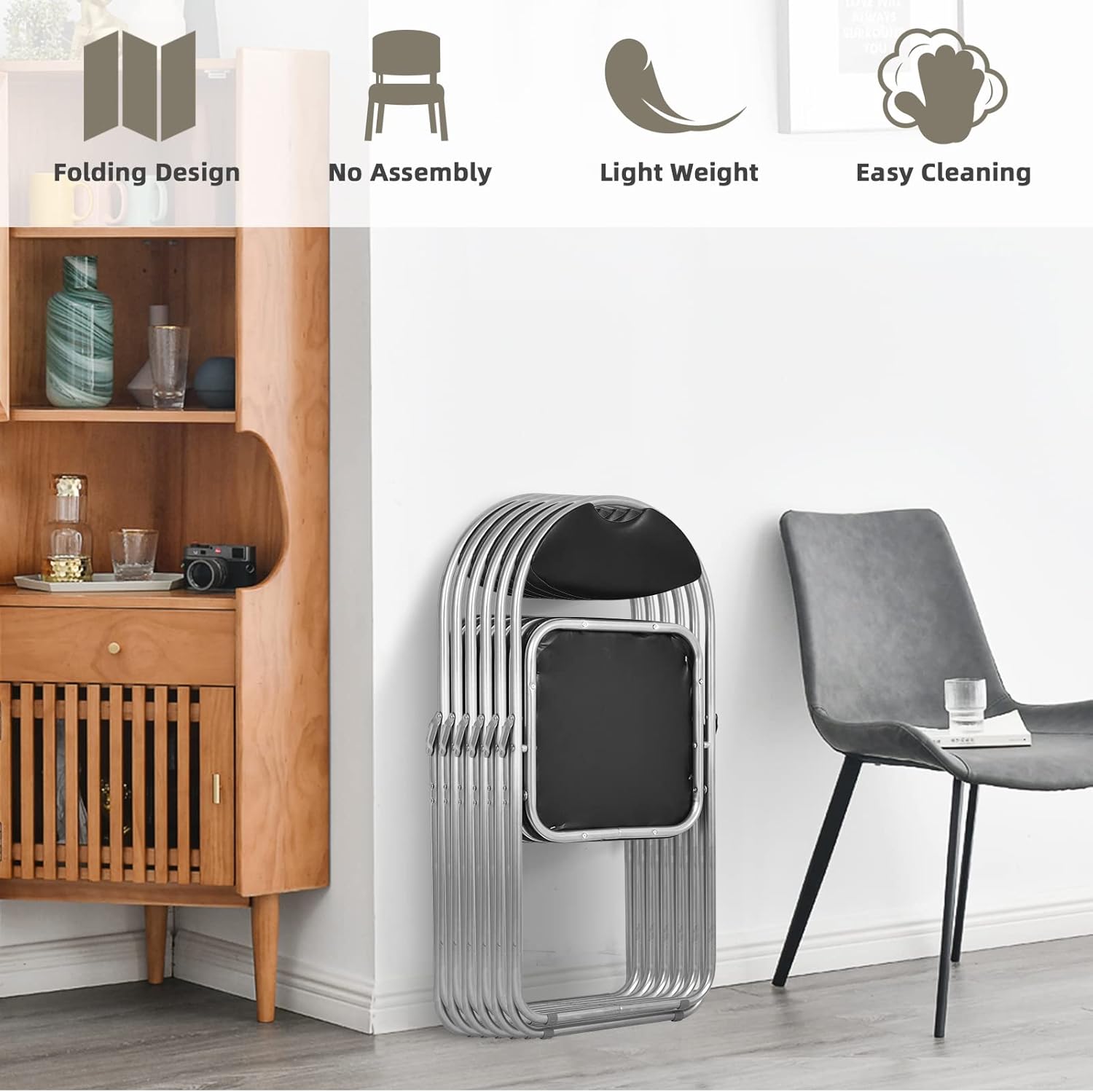 ARLIME Paquete de 2 sillas plegables con asientos acolchados, silla plegable de metal con mango de agarre extra, sillas plegables negras para el