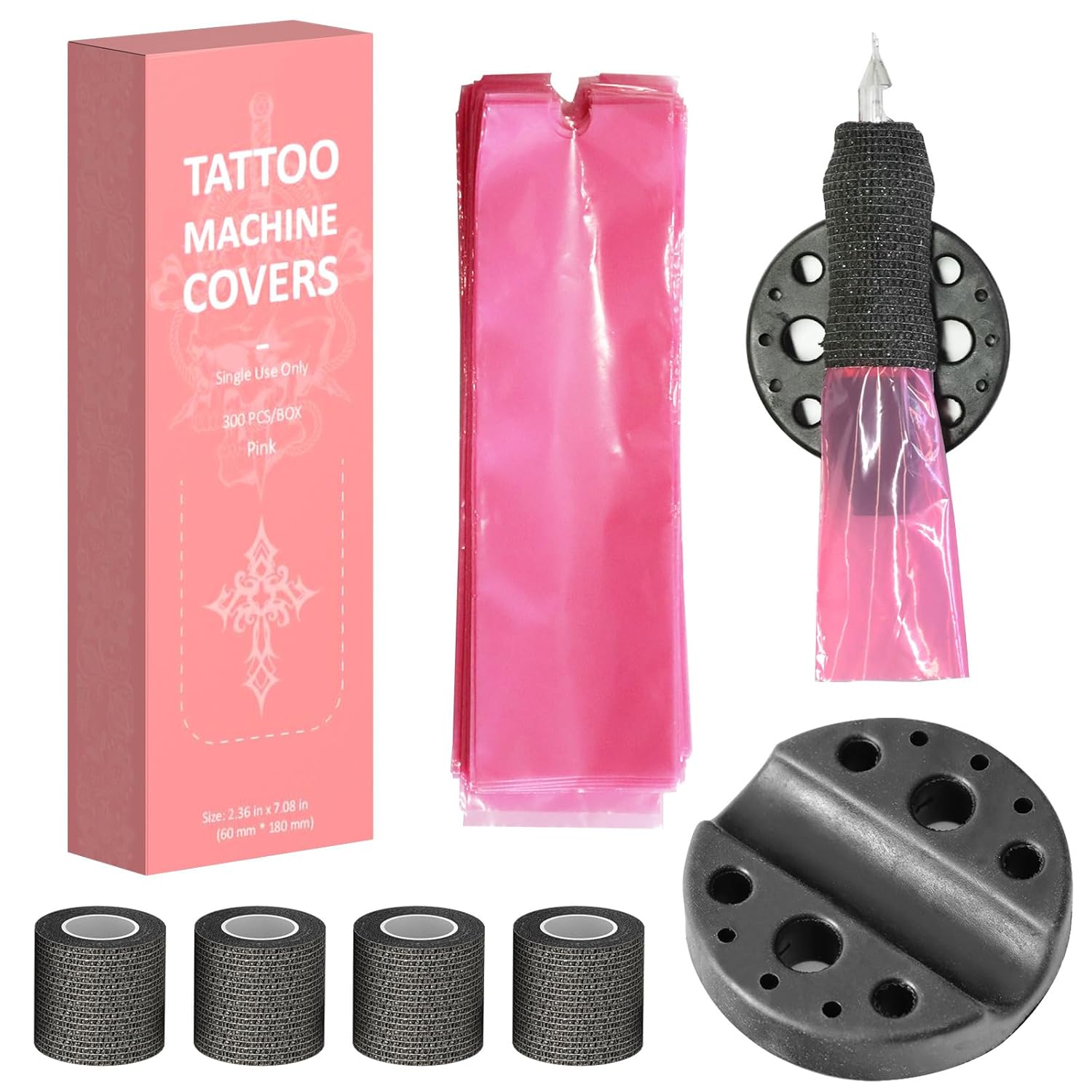 300 cubiertas para máquina de tatuaje con 4 envolturas de agarre de tatuaje y soporte para bolígrafo de tatuaje, ZHOOGE de 2.4 x 7 pulgadas,