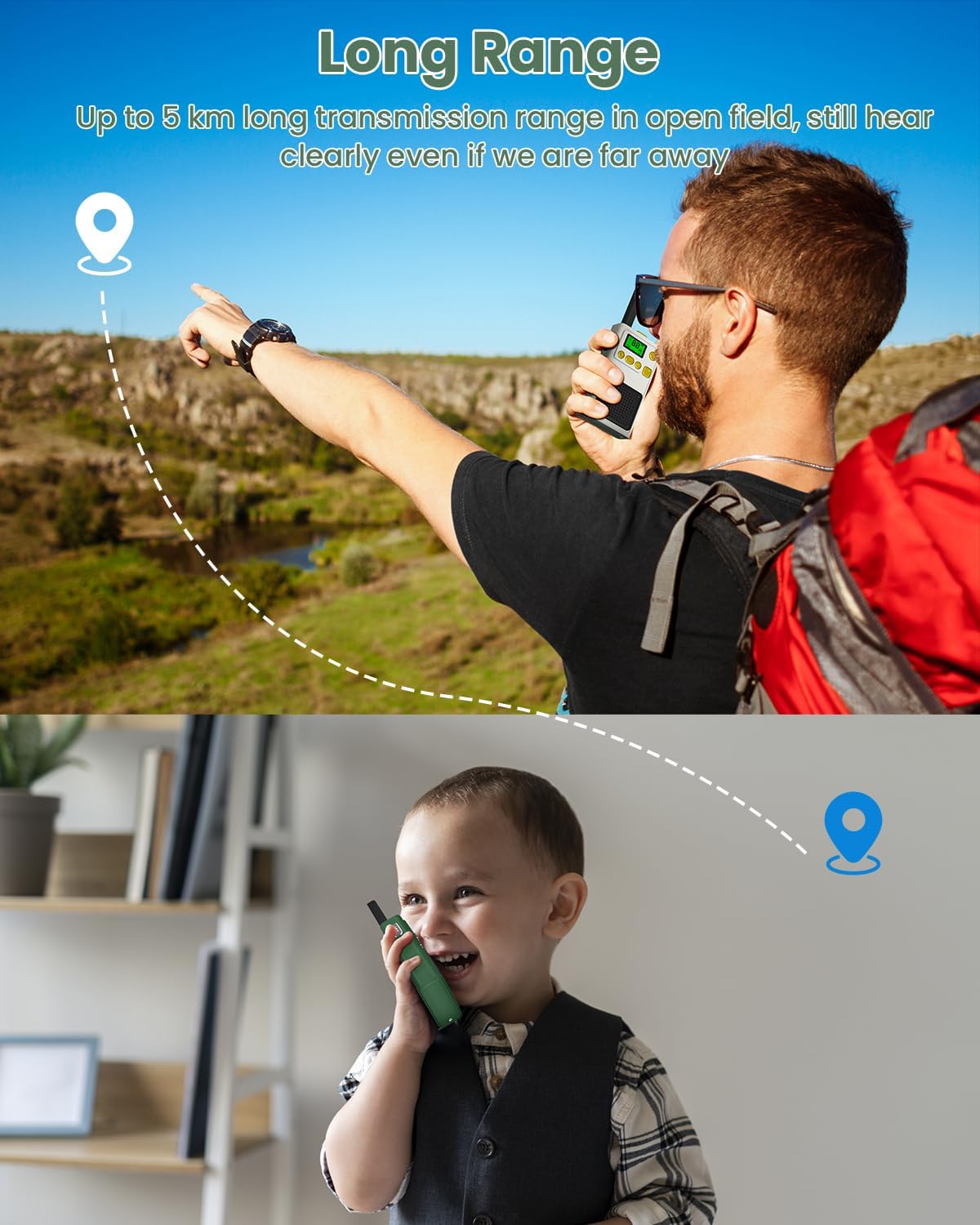 MOREXIMI Walkie Talkies para niños, paquete de 2 unidades, 22 canales de largo alcance, juguetes educativos al aire libre para niños de 3 a 12 años