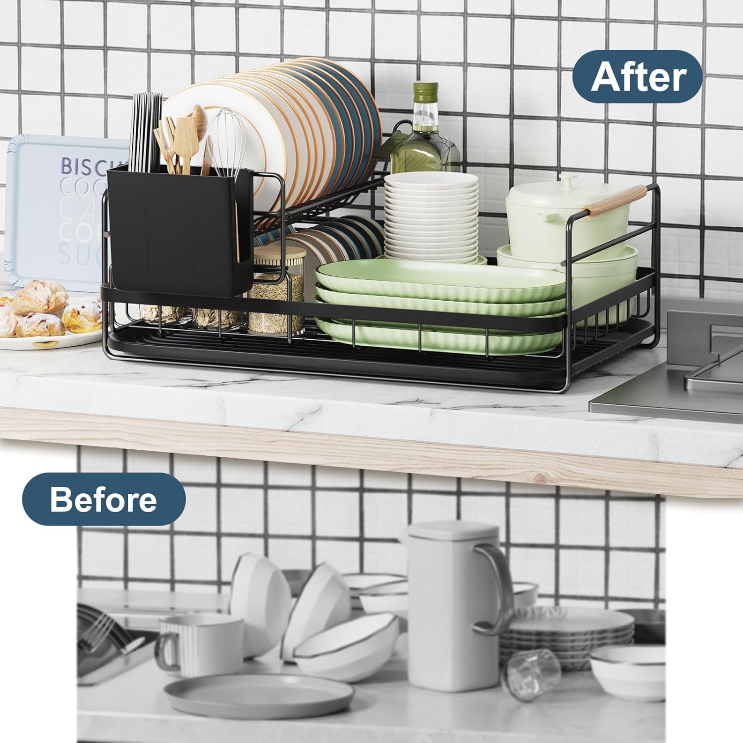 Escurridor de platos duradero de 2 niveles desmontable para encimera de cocina con soporte para cuchillos y portavasos, mango de madera,