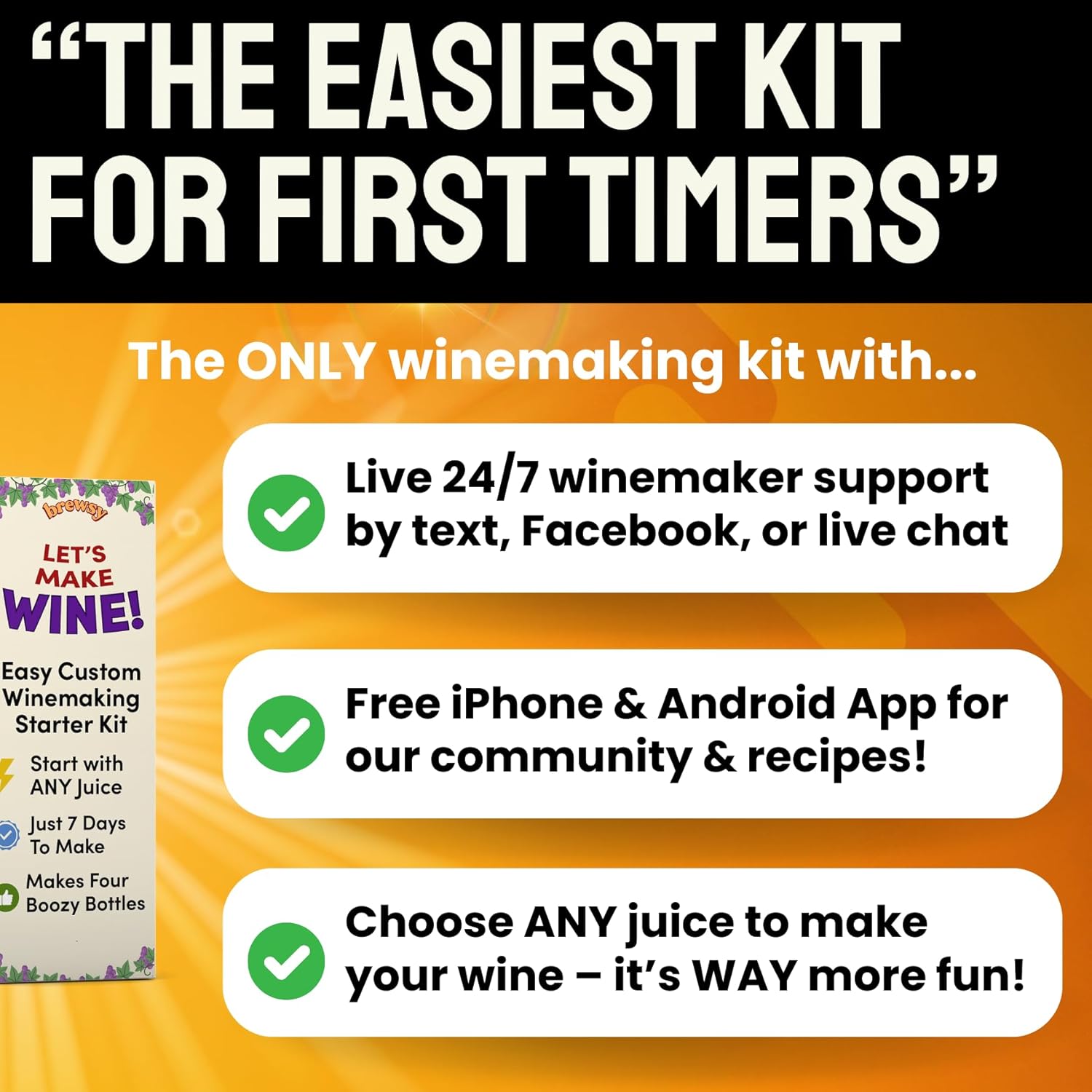 Brewsy Kit de inicio para la elaboración de vino – Kit de vino personalizado – 4 botellas en 9 días – Vino tinto o blanco – Usa cualquier jugo