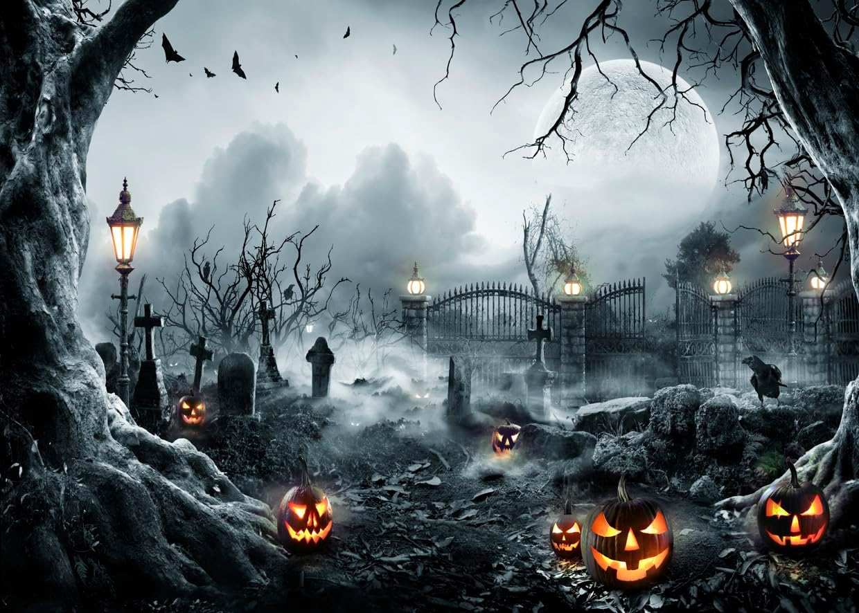 LYWYGG Telón de fondo de Halloween de 7 x 5 pies para fotografía, fondo de noche de terror, telón de fondo de luna de calabaza aterradora para