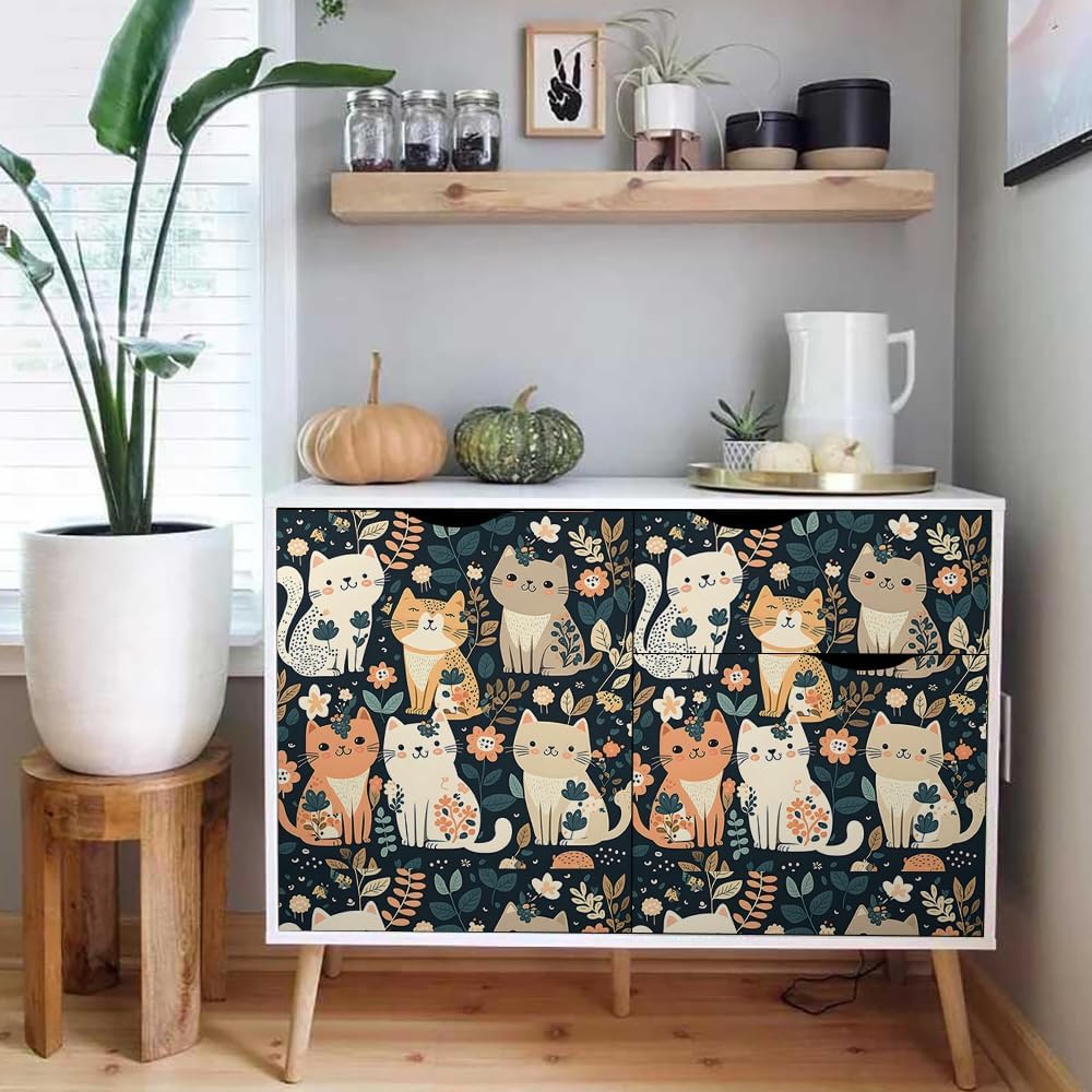 Papel tapiz autoadhesivo de 18 x 236 pulgadas, diseño de gatos lindos de dibujos animados, color marrón y verde azulado, papel de contacto extraíble