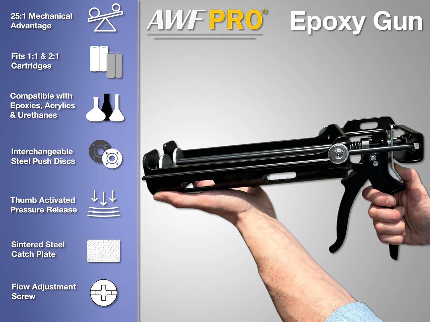 AWF PRO – Pistola epoxi de doble cartucho con agarre de vinilo. 600 mL  22 onzas, relación de empuje 251, acepta cartuchos de mezcla de doble