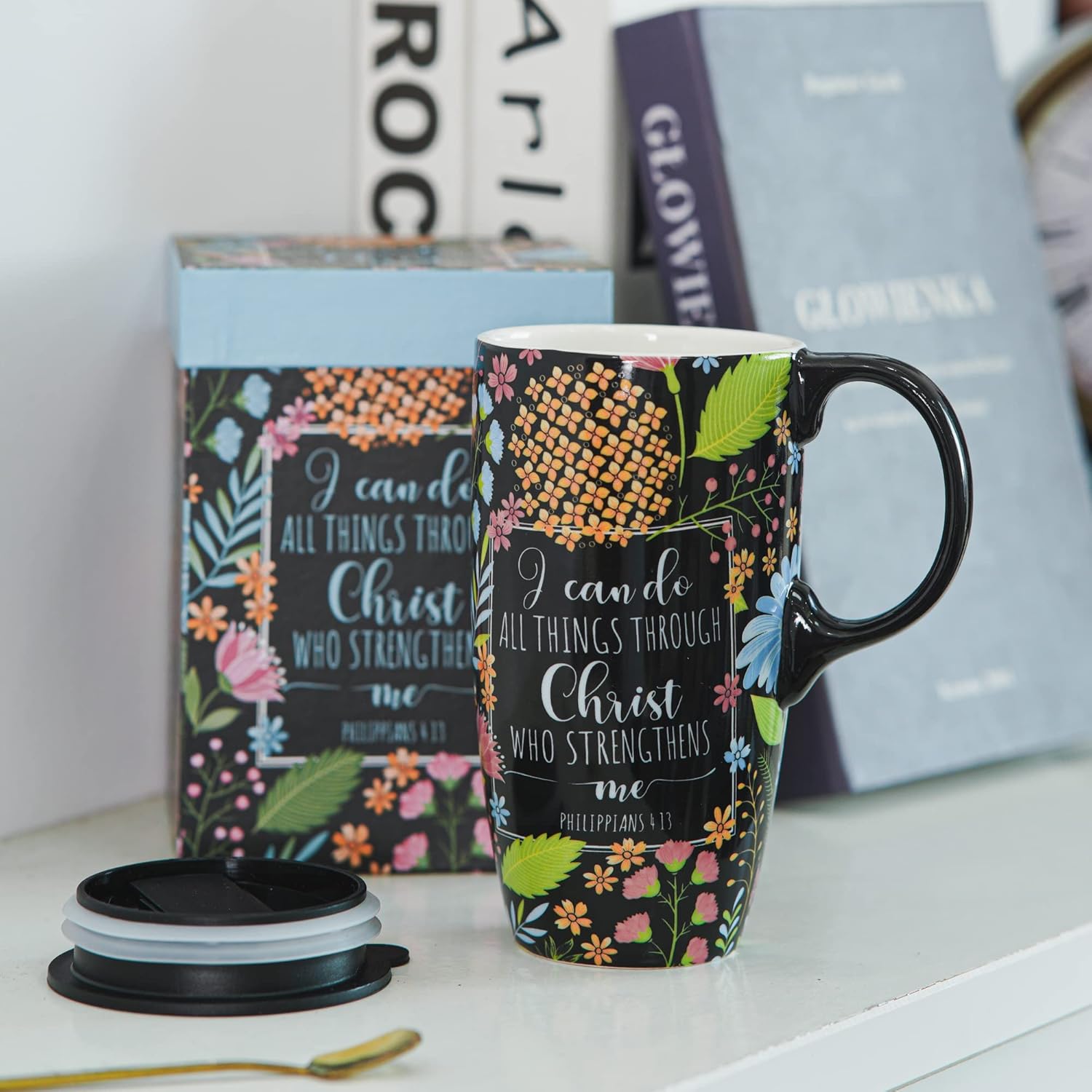DUSVALLY Taza de cerámica para café, taza de café de viaje, taza de té con leche de porcelana con tapa y caja de color de 17 onzas. Taza alta