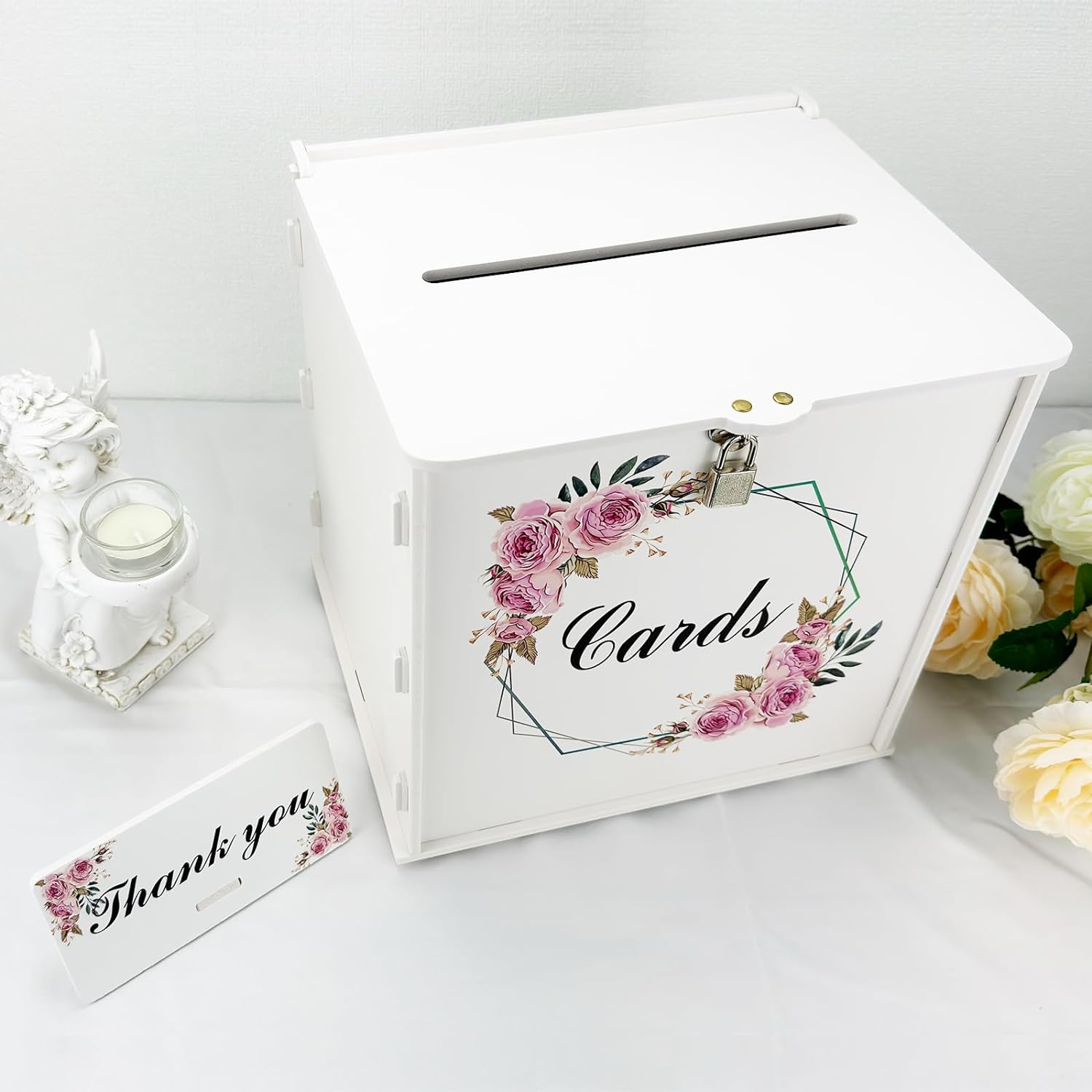 Caja de tarjetas de boda blanca con cerradura, cajas de tarjetas de boda de regalo para recepción con soporte de dinero con letrero de rosa para