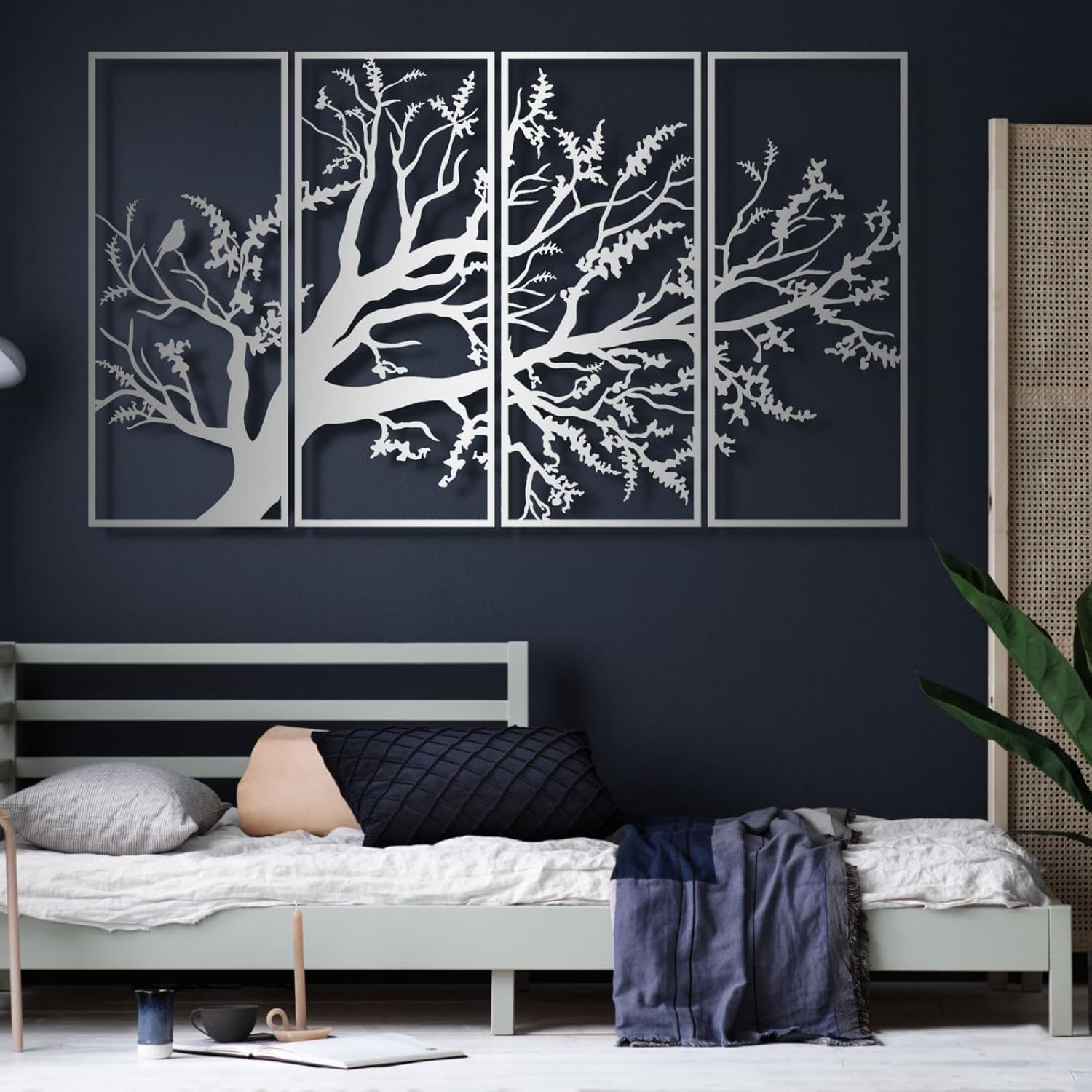 Arte de pared con árbol de la vida, juego de 4 piezas de arte de pared de árbol de metal, letrero de árbol, arte de pared de metal del árbol de la