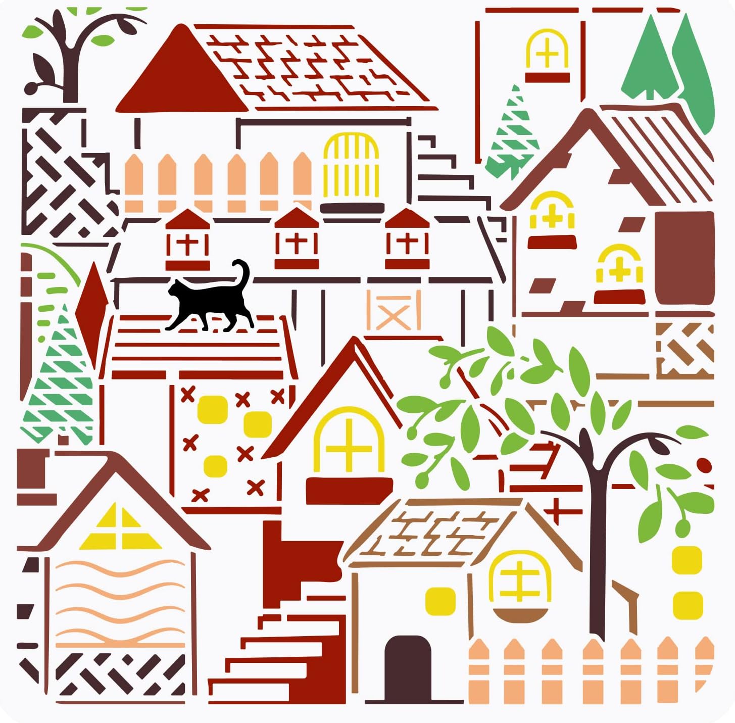 FINGERINSPIRE Houses – Plantilla de pintura de pueblo pequeño de 11.8 x 11.8 pulgadas, árboles reutilizables, para gatos, plantilla de plástico PET
