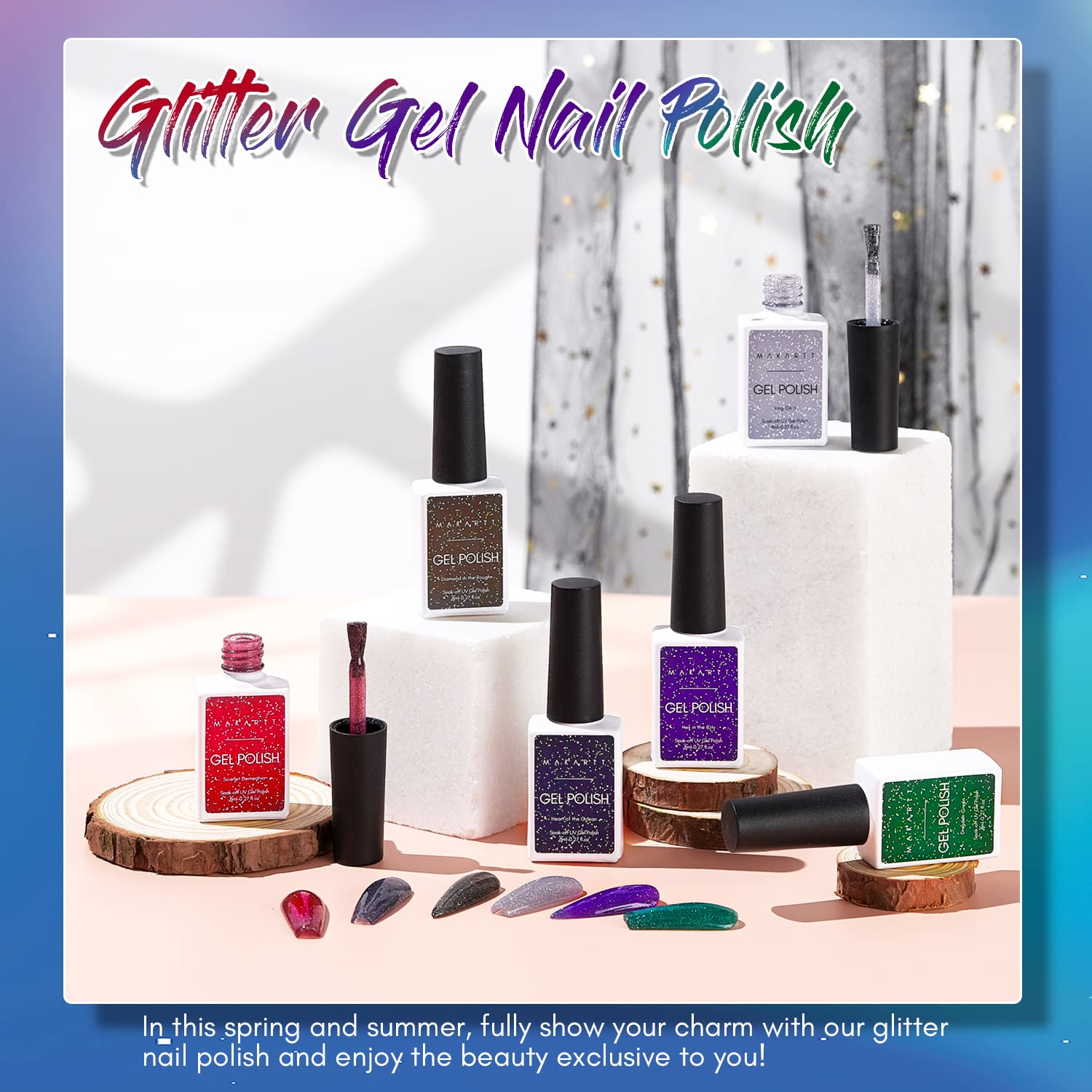 Makartt Juego de esmaltes de uñas de gel, 6 colores reflectantes, kit de esmalte de uñas de gel con purpurina reflectante, color rojo, negro y
