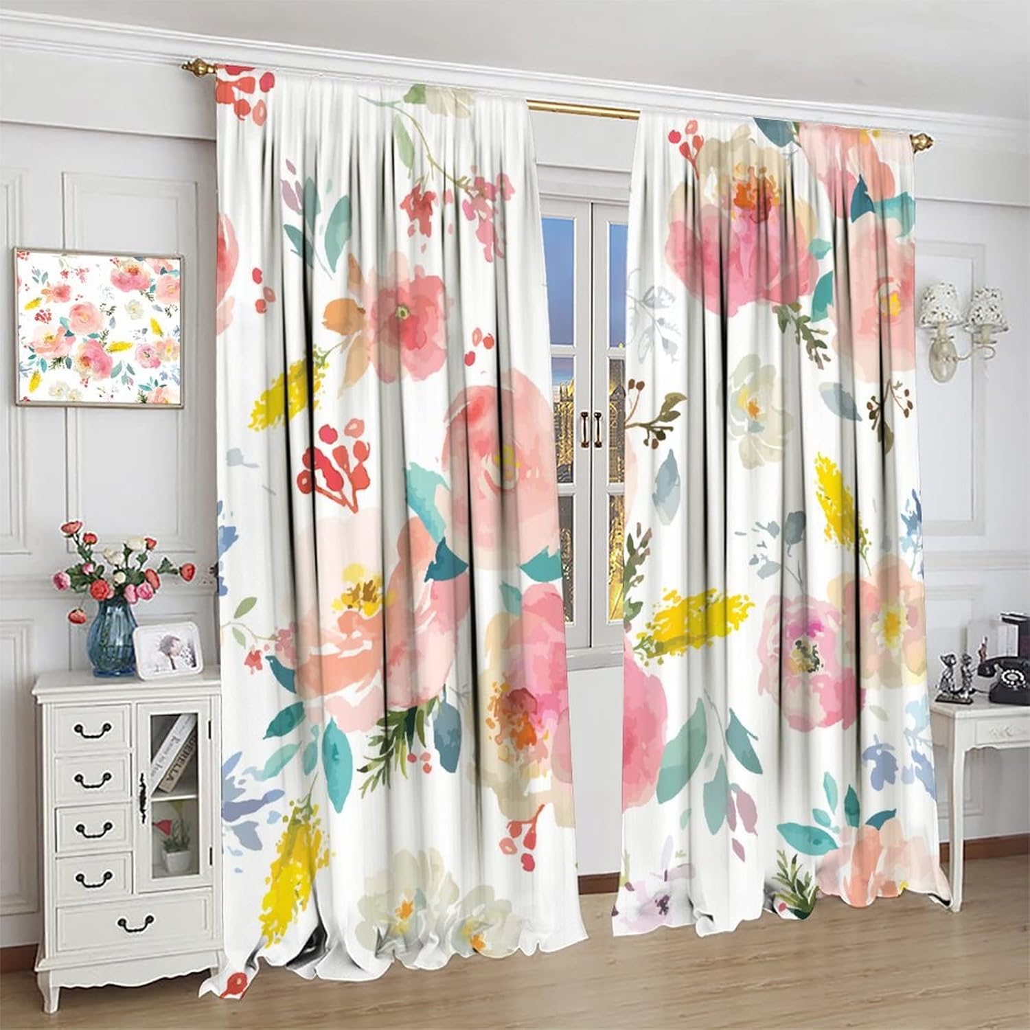 Cortinas de acuarela románticas con estampado floral rosa, bolsillo para barra, cortinas de ventana para dormitorio, sala de estar, 42 x 54 pulgadas