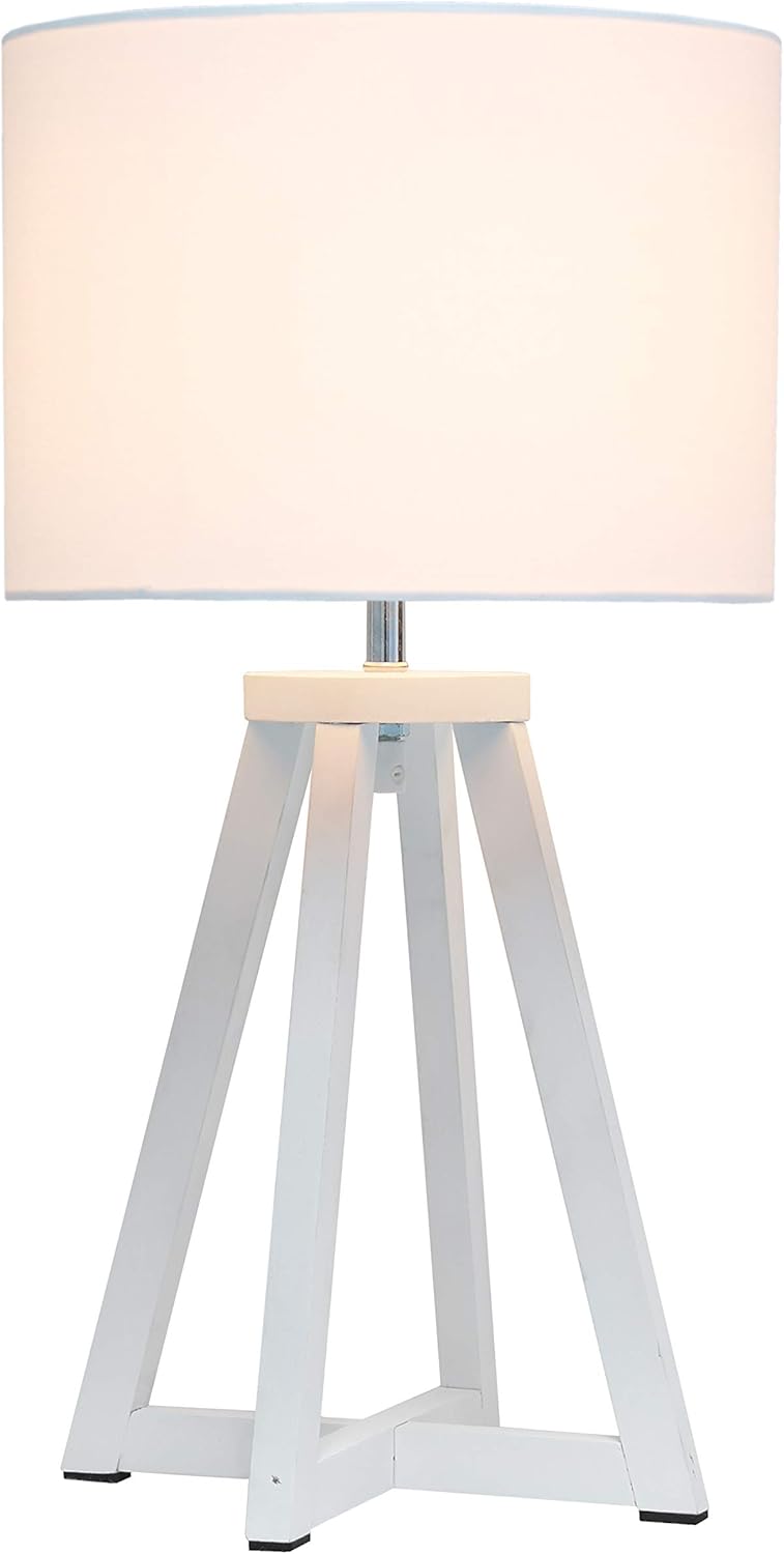Simple Designs LT1069-WOW – Lámpara de mesa triangular entrelazada de tela de madera, color blanco y blanco