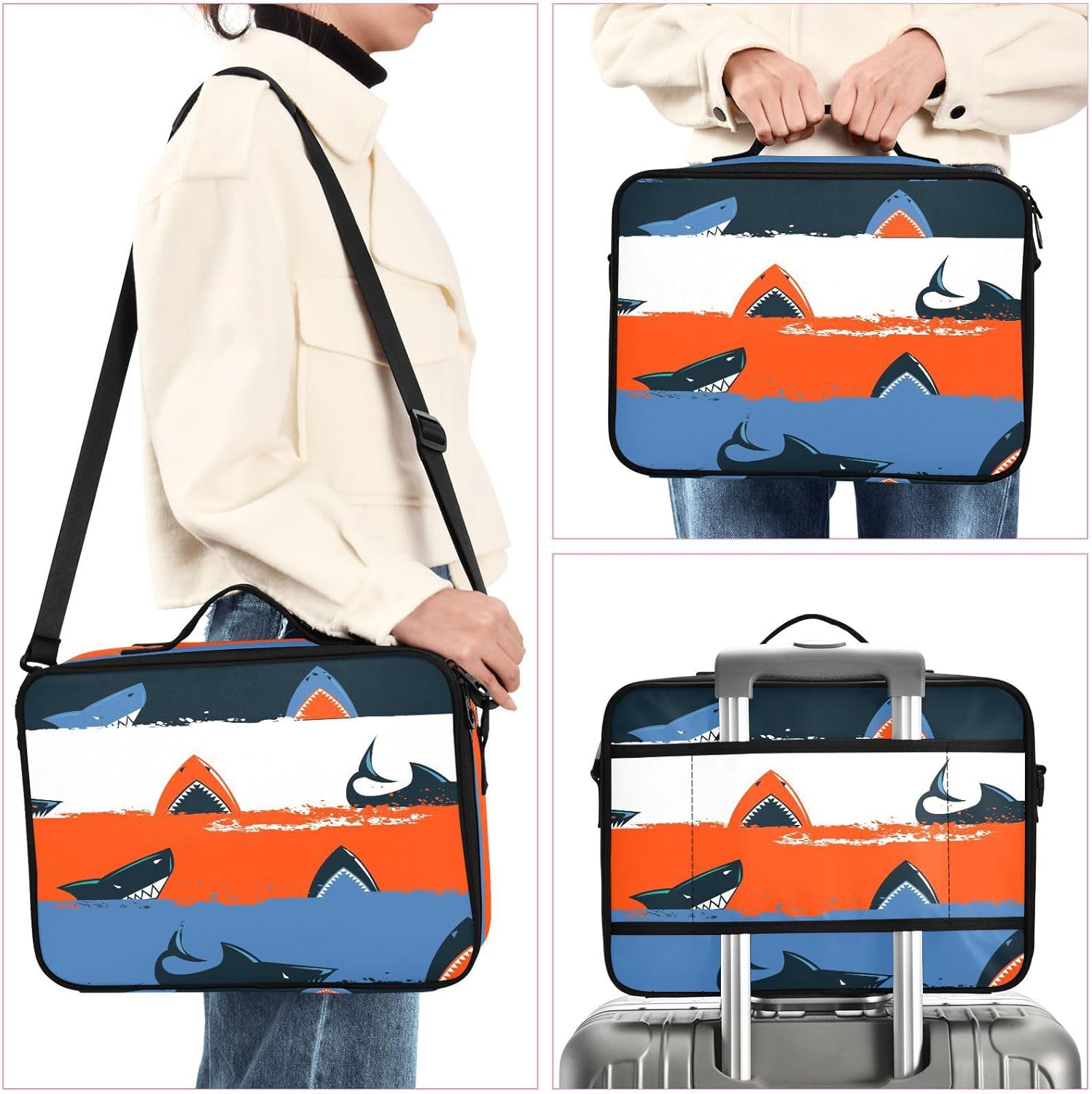 Bolsa de cosméticos roja de dibujos animados de tiburón, bolsa de viaje grande con compartimentos, bolsa de maquillaje portátil, neceser de viaje