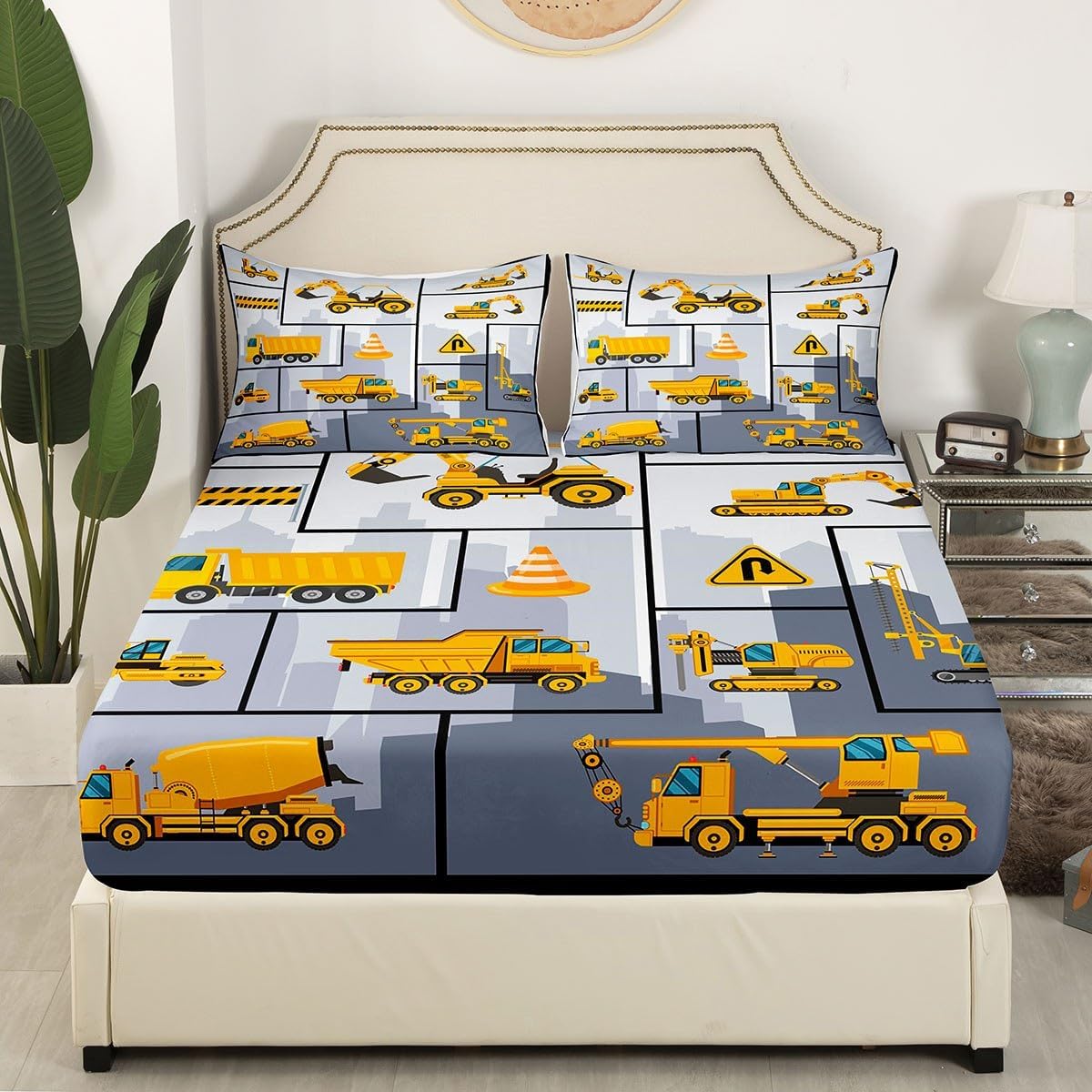 Juego de sábanas de automóvil de dibujos animados, juego de sábanas de construcción para niños, juego de ropa de cama de camiones para niños y