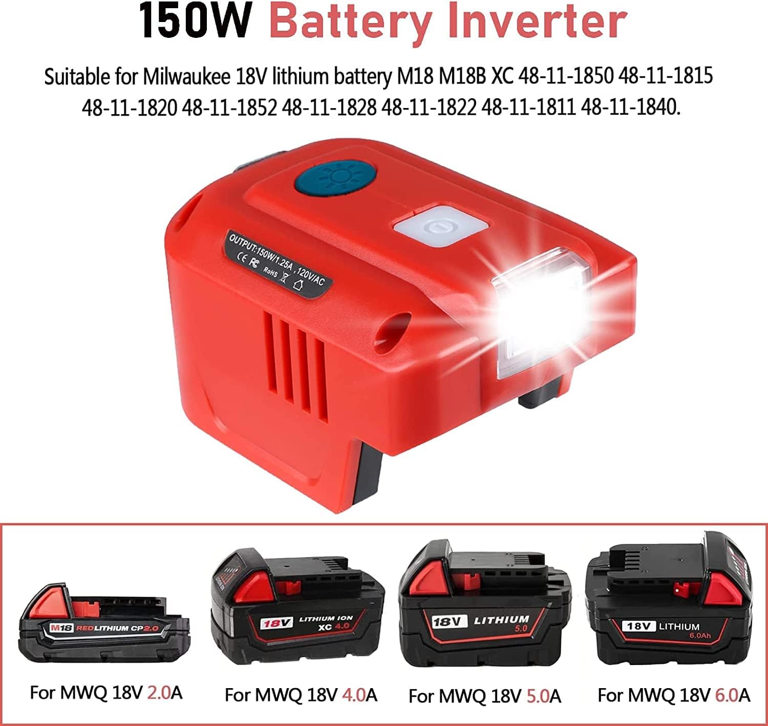 Inversor de fuente de alimentación de 150 W para Milwaukee M18 18V, URUN DC 18V a CA 110-120V, generador de estación de energía portátil con 2