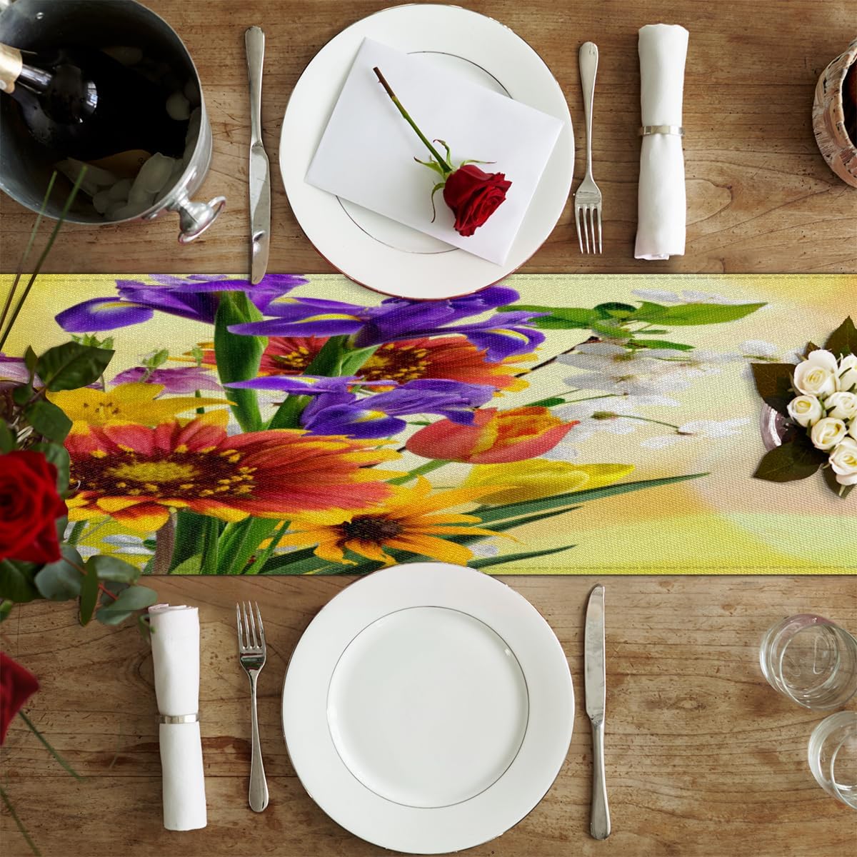 Table Runner Summer Floral Flowers Bouquet, Rustic Linen Table Cloth for Farmhouse Kitchen, Dinner, Events, Party, Holiday Table Decor 13 x 36 Inches