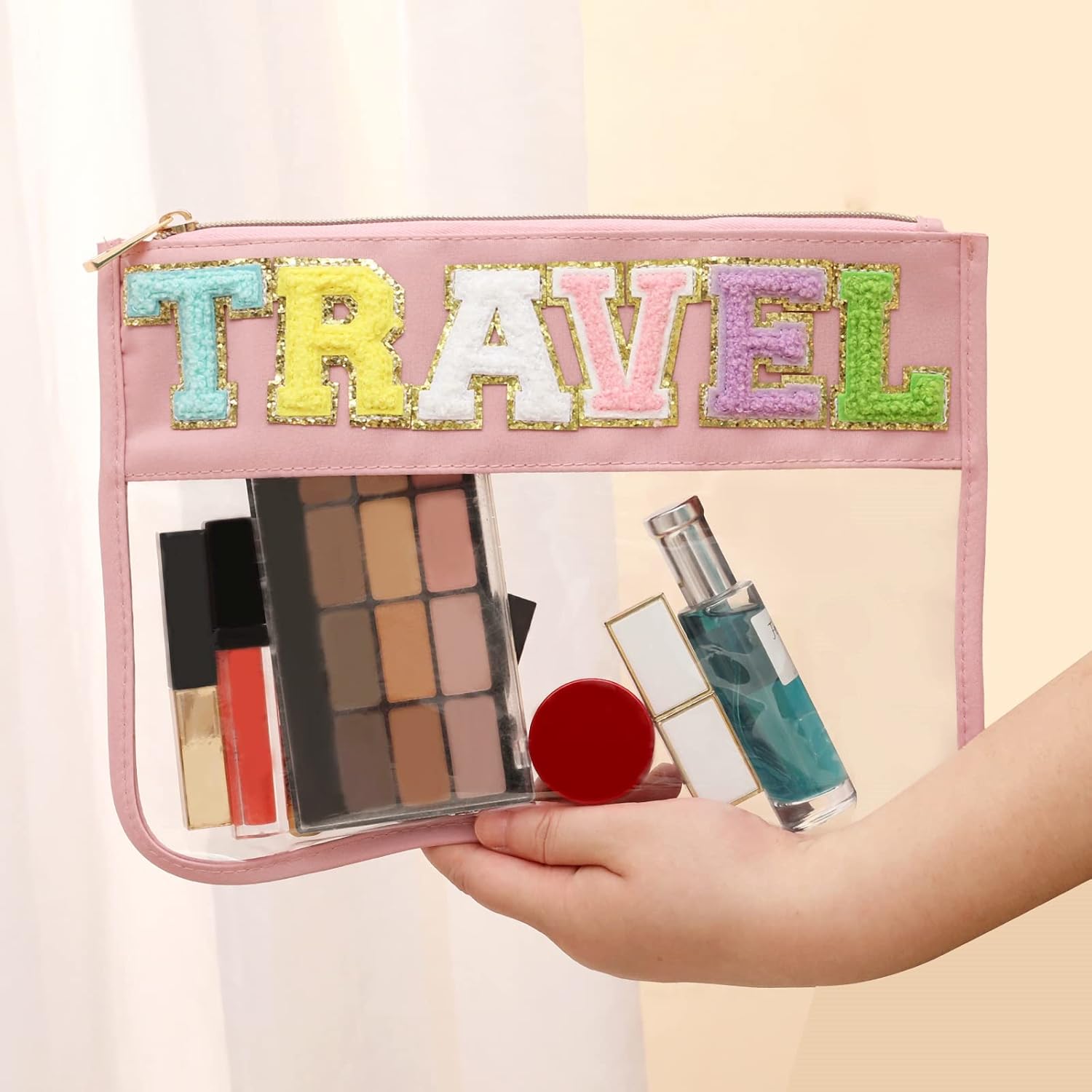 Bolsa de felpilla plana transparente, bolsas multiusos de PVC y nailon, bolsa de maquillaje de viaje con cremallera para mujeres y niños, bolsas