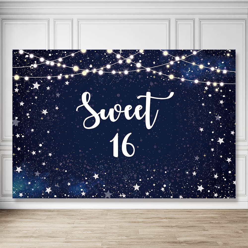 Telón de fondo de noche estrellada dulce 16, estrellas blancas, cielo nocturno, decoración de fiesta de cumpleaños número 16, fondo de galaxia,