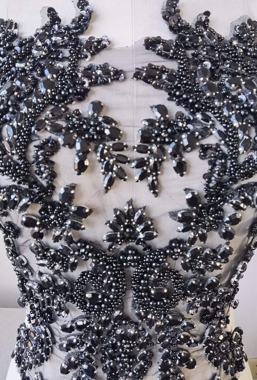 Apliques de encaje hechos a mano con diamantes de imitación para coser en perlas para accesorios de ropa de vestir (negro)