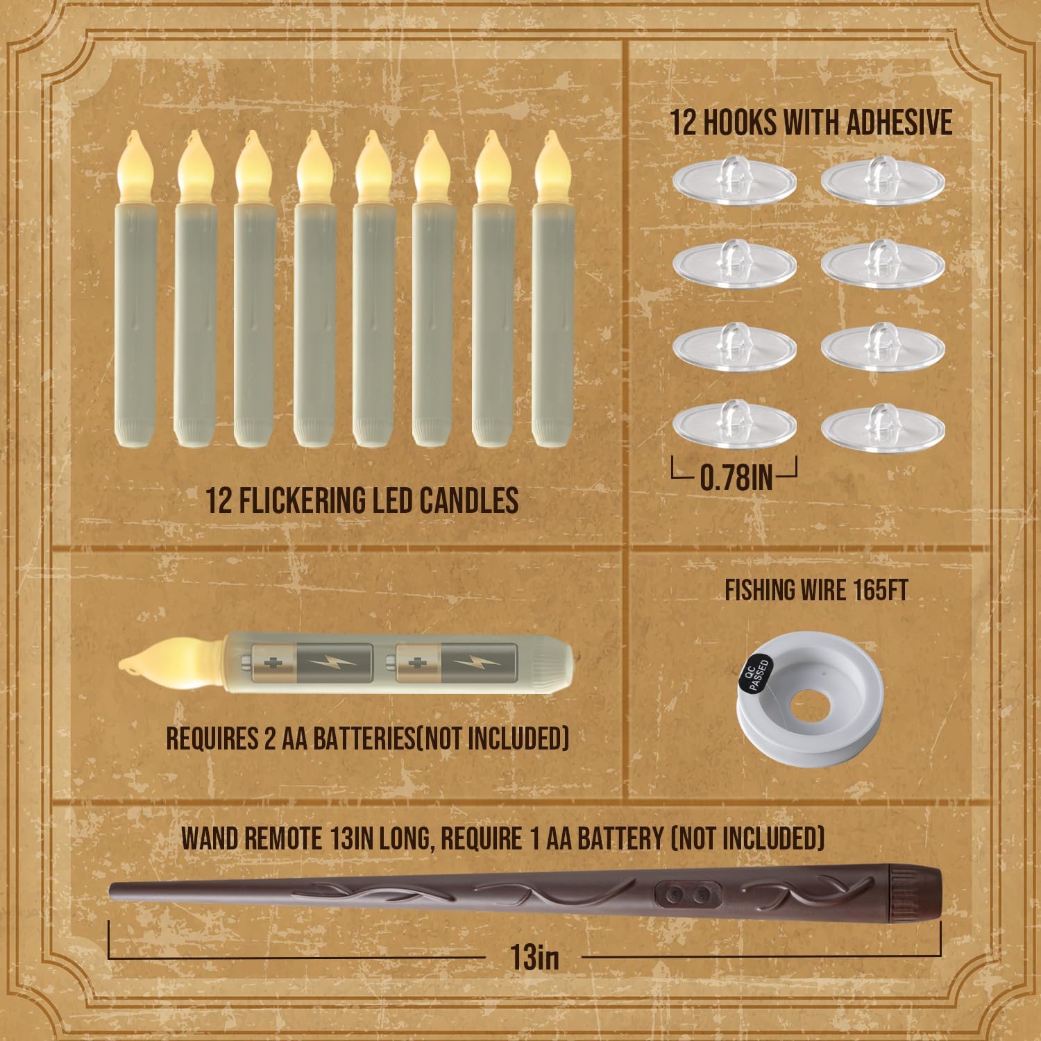 Velas flotantes con varita, 12 velas mágicas colgantes sin llama, luz cálida parpadeante LED con control remoto de varita, juego de velas de ventana