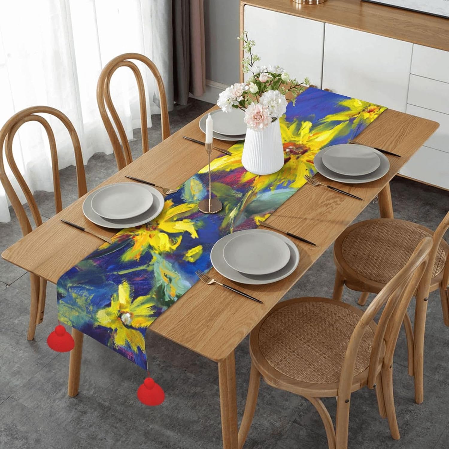 Yellow Flowers on Blue Background Christmas Table Runner Dining Table Decor Christmas Decorations Indoor Home Decor Christmas Table Runners Xmas
