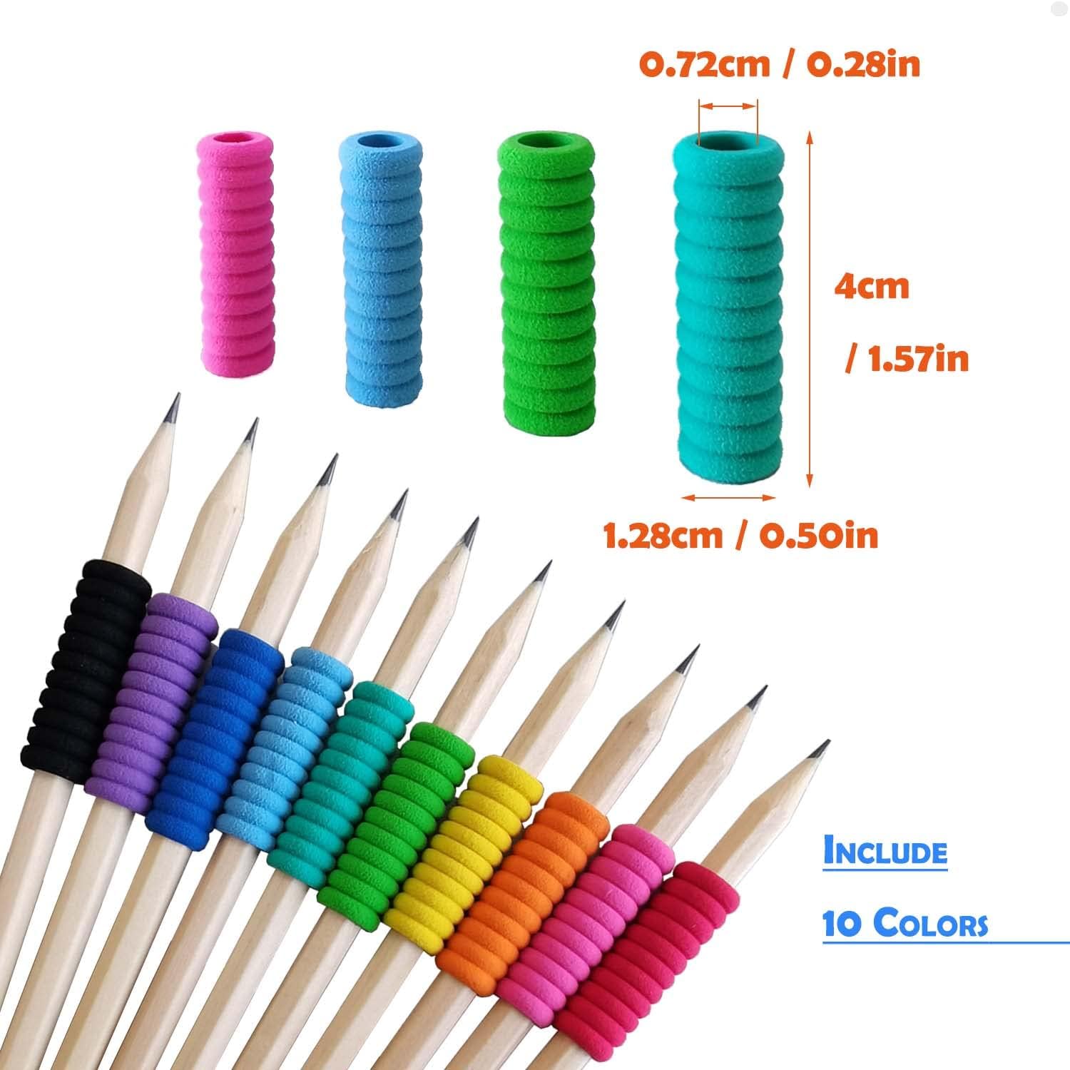 50 empuñaduras de espuma para lápices de 11 anillos para escritura a mano para niños y adultos, 10 colores para aliviar los dedos, cojín de soporte