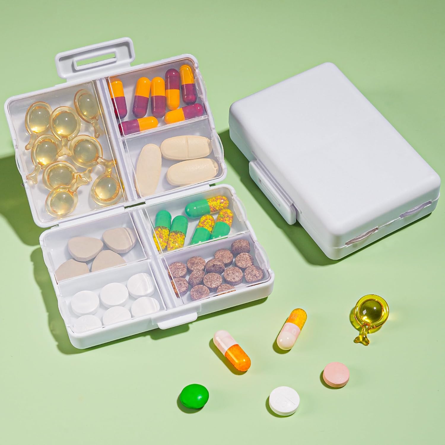 Pastillero de viaje  Pastillero diario portátil con 7 compartimentos, contenedor de píldoras, organizador de medicamentos, dispensador de píldoras,