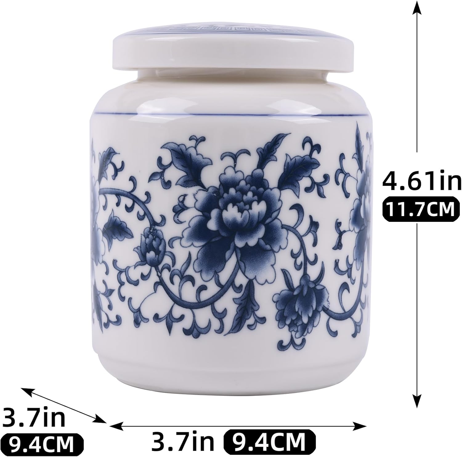 Tarro tradicional chinoiserie de jengibre de porcelana azul y blanca de 4.61 pulgadas de alto con tapa giratoria. Botes de cocina de cerámica y