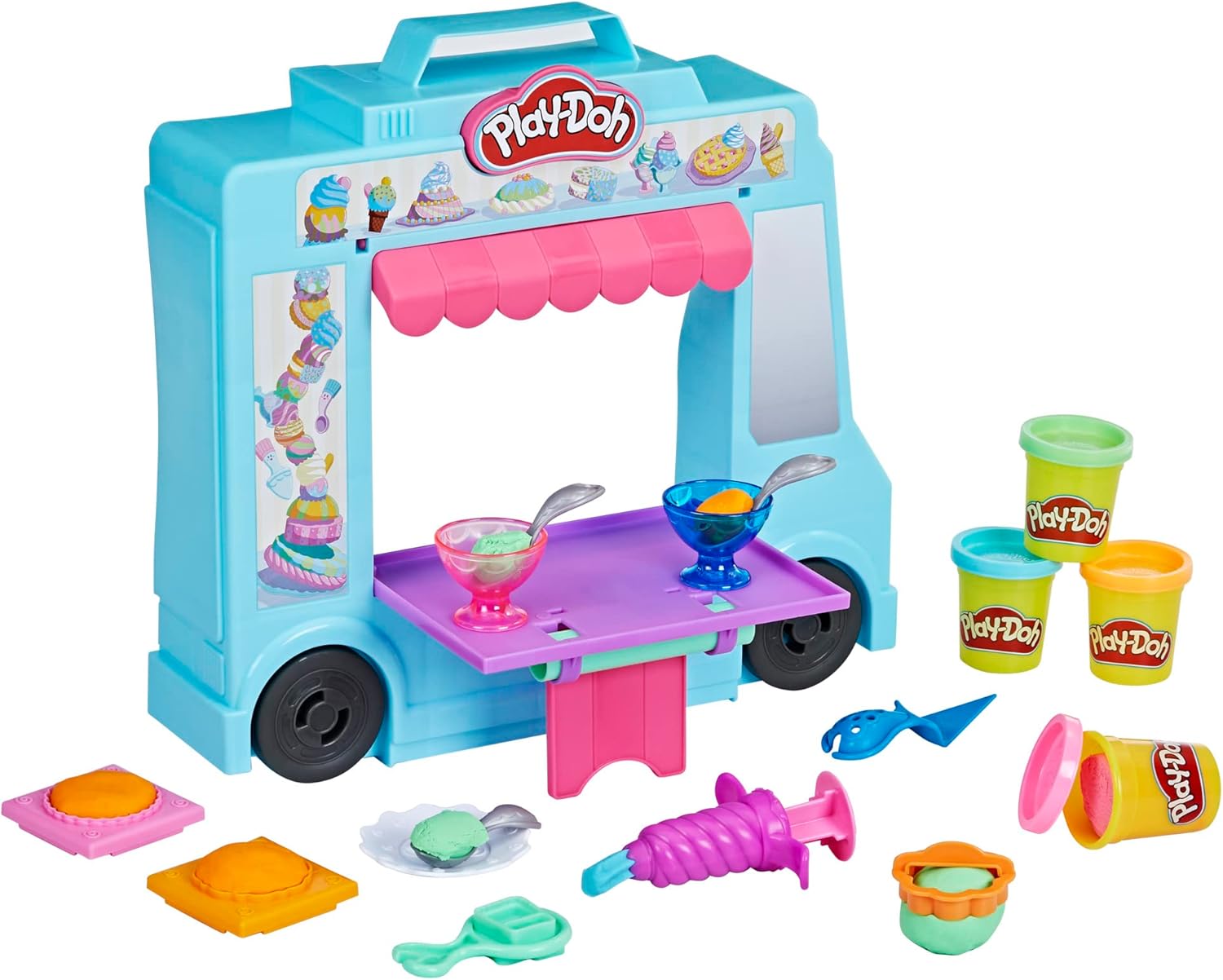 Play-Doh Kitchen Creations – Juego de camión de helado para niños, 20 accesorios de cocina, 5 colores, juguetes preescolares para niñas y niños de 3