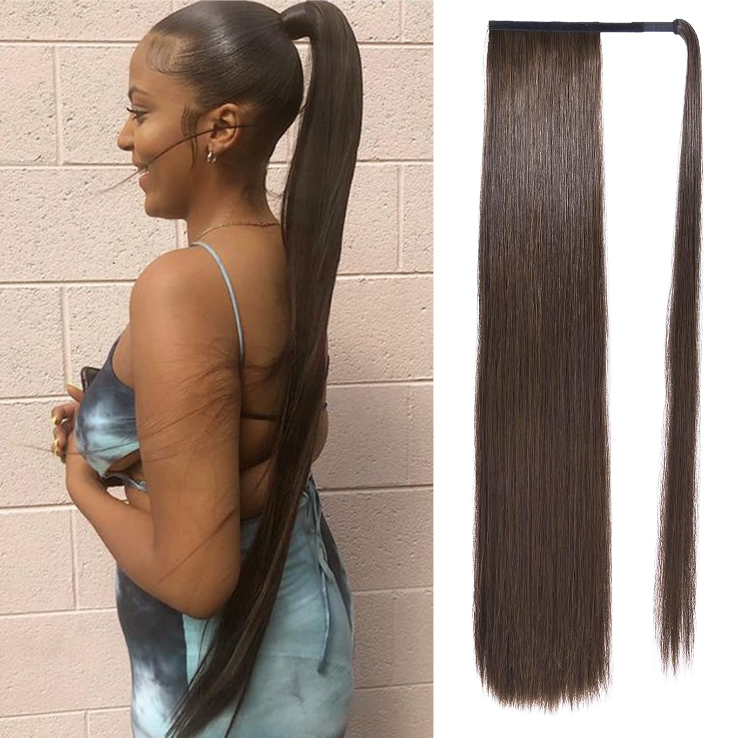 SEIKEA Extensión de cola de caballo larga recta envolvente con clip, extensiones de cabello sintético suave natural para mujer, 35 pulgadas, marrón