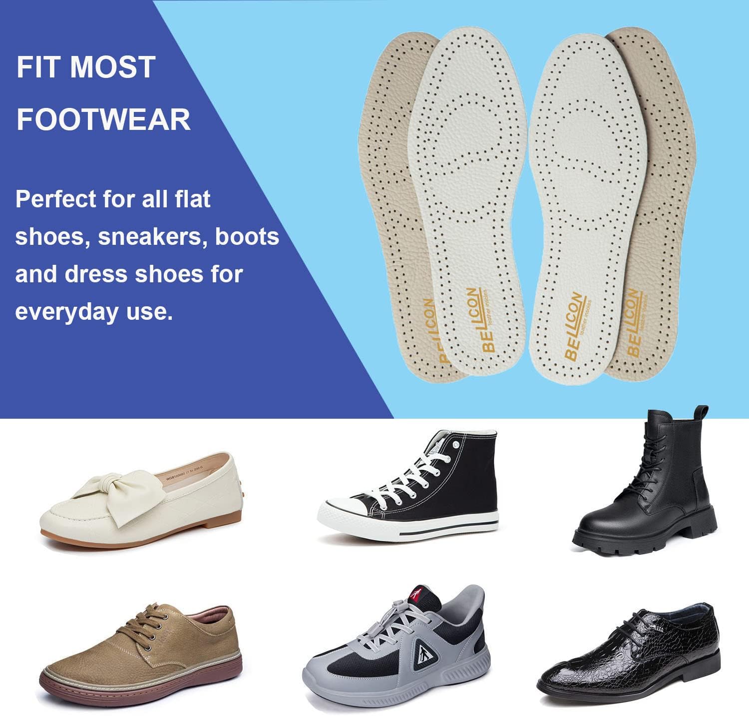 Bellcon – Plantillas de cuero para hombres y mujeres, plantillas de cuero blanco y beige para adultos, insertos de zapatos de longitud completa para