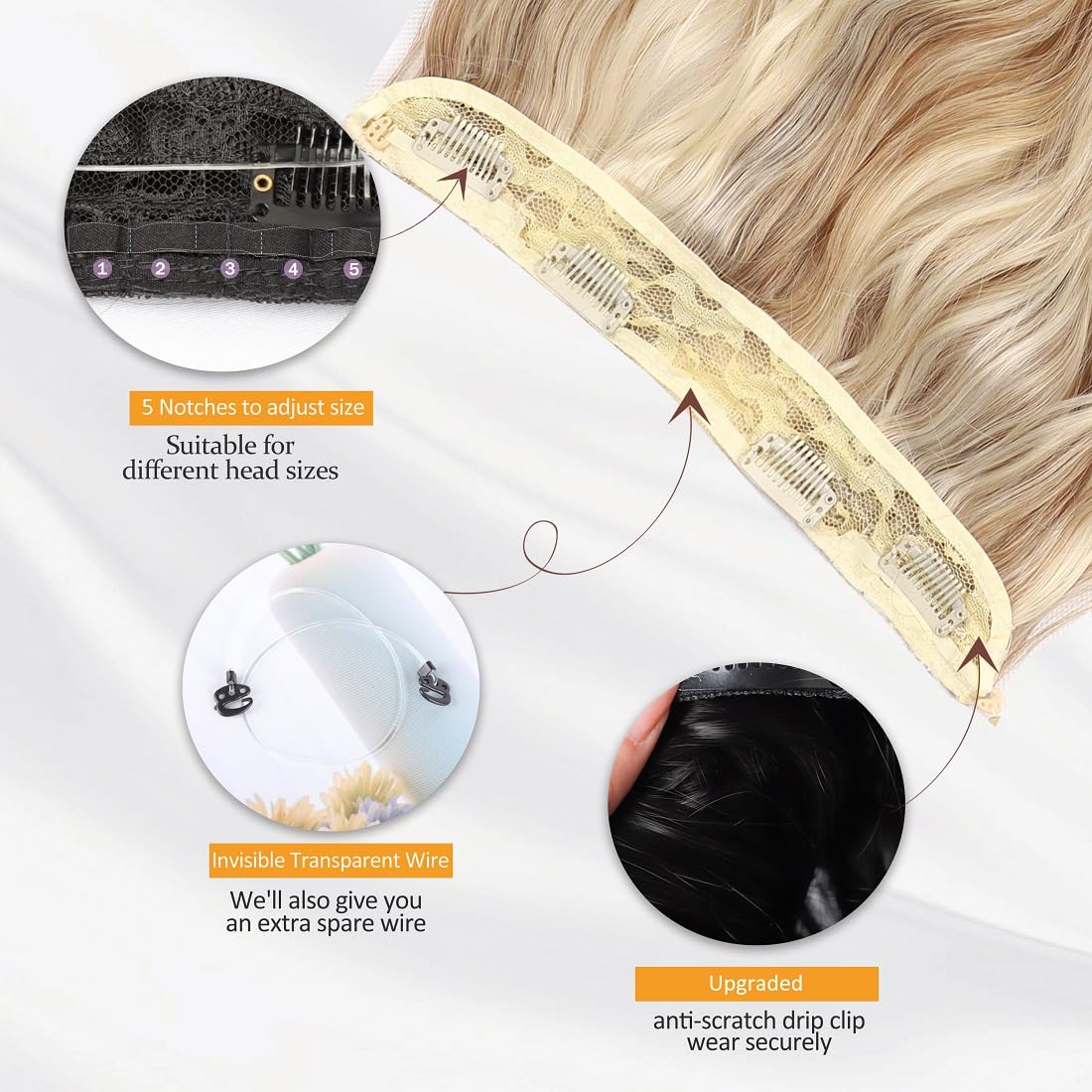 Extensión de cabello de alambre invisible con diadema de alambre transparente, tamaño ajustable, 4 clips de seguridad de 24 pulgadas de largo,
