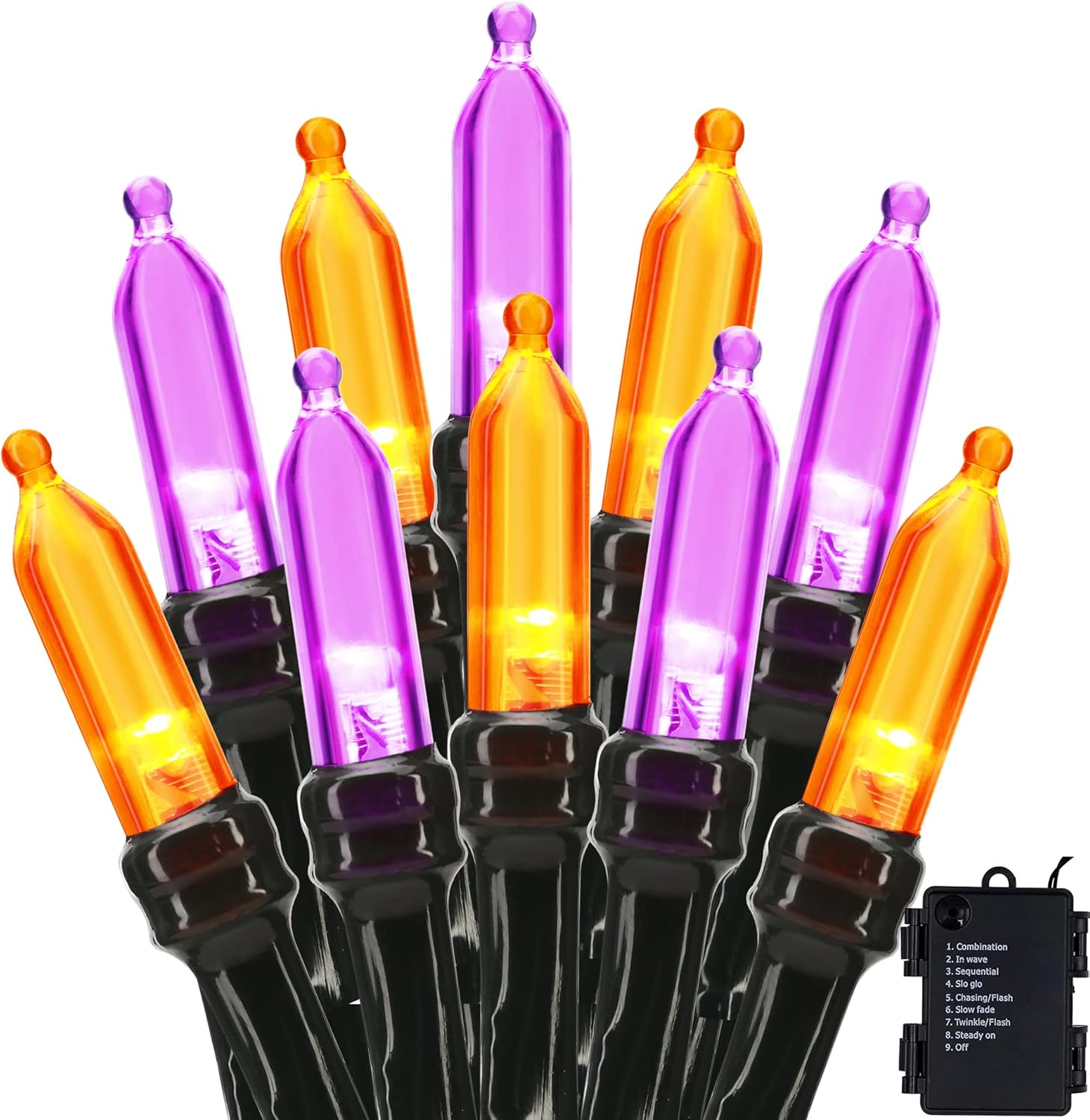 BrizLabs Luces de Halloween naranjas y moradas, 33 pies, 100 luces LED de Halloween, 8 modos de luces naranja y morado con temporizador, mini cadena