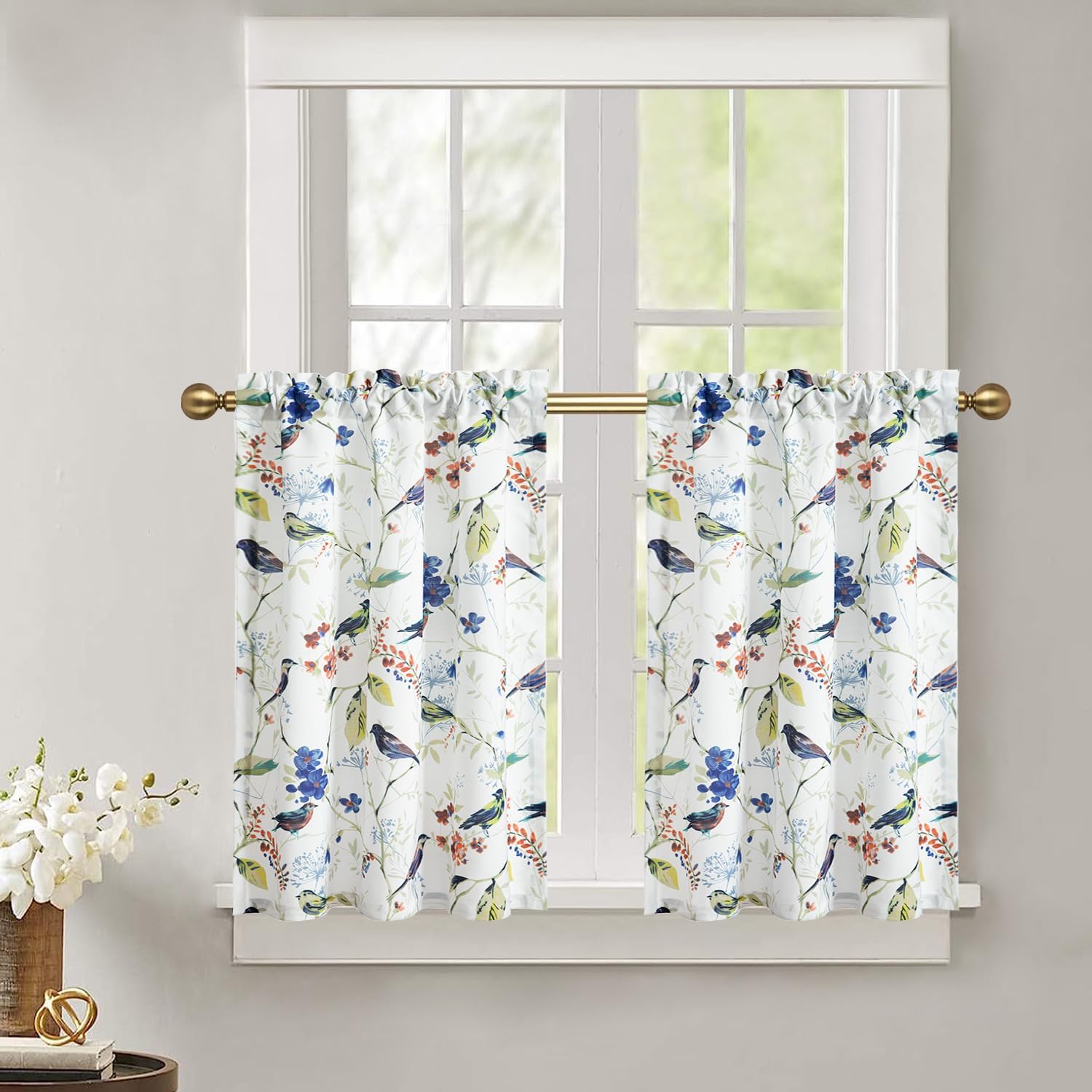Leeva Tratamiento de ventana corta con textura de lino estilo granja, elegantes niveles de cortina de pájaros azules para baño, sala de estar,