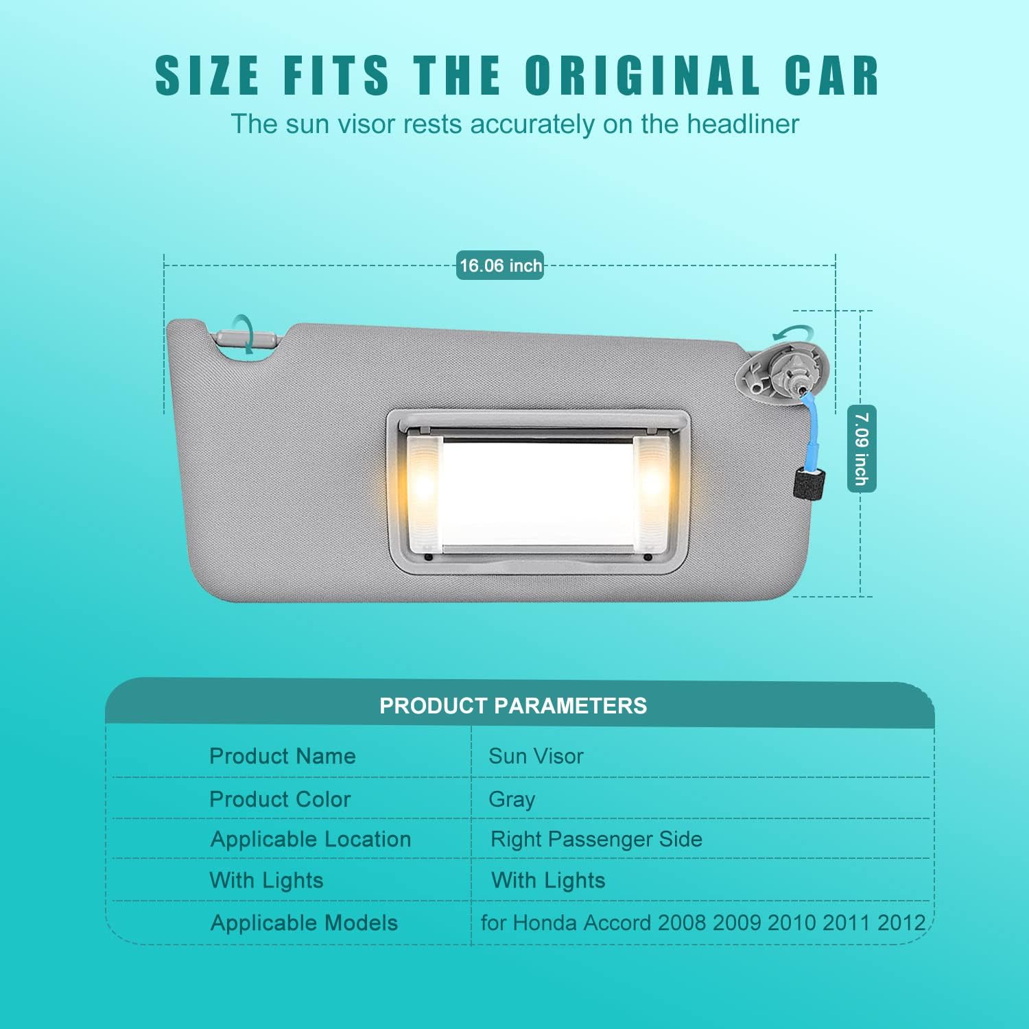 Parasol del lado derecho del pasajero compatible con Honda Accord 2008-2017 con luz OEM  83280-TA5-A51ZA (gris)