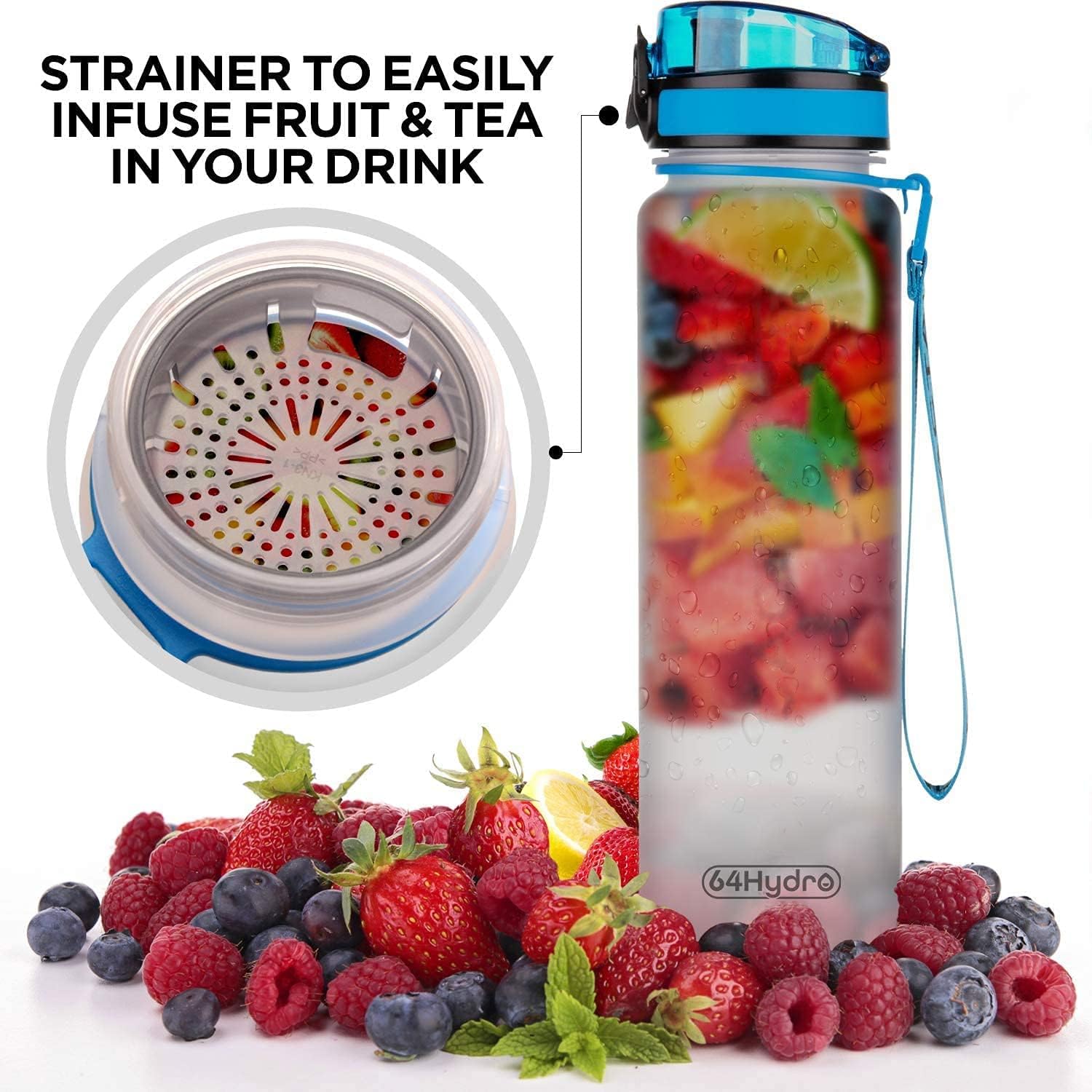 64HYDRO Botella de agua motivacional de 32 onzas con marcador de tiempo y colador extraíble, tapa abatible, a prueba de fugas, duradera, sin BPA, no