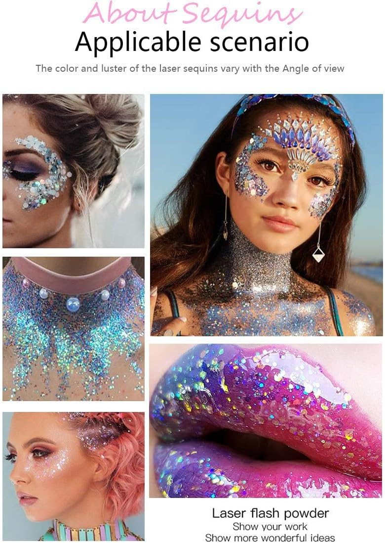 Brillantina facial de 3 colores, traje de neón brillante para cabello, cara y cuerpo con purpurina en gel resaltador (01-azul y 04-rosa y 06-blanco