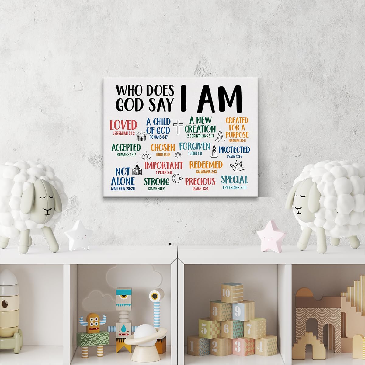 Lienzo inspirador con versículo bíblico, arte de pared, póster de afirmaciones de educación cristiana, pintura de identidad en Cristo, letrero