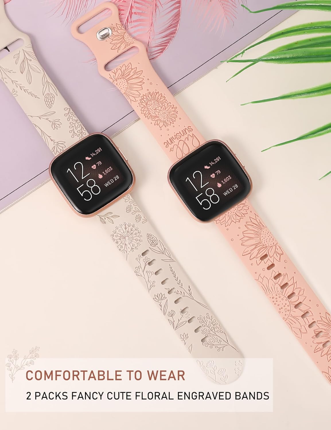 Minyee Paquete de 2 correas grabadas florales compatibles con correas Fitbit Versa 2Fitbit VersaVersa Lite para mujer, bonita correa de silicona