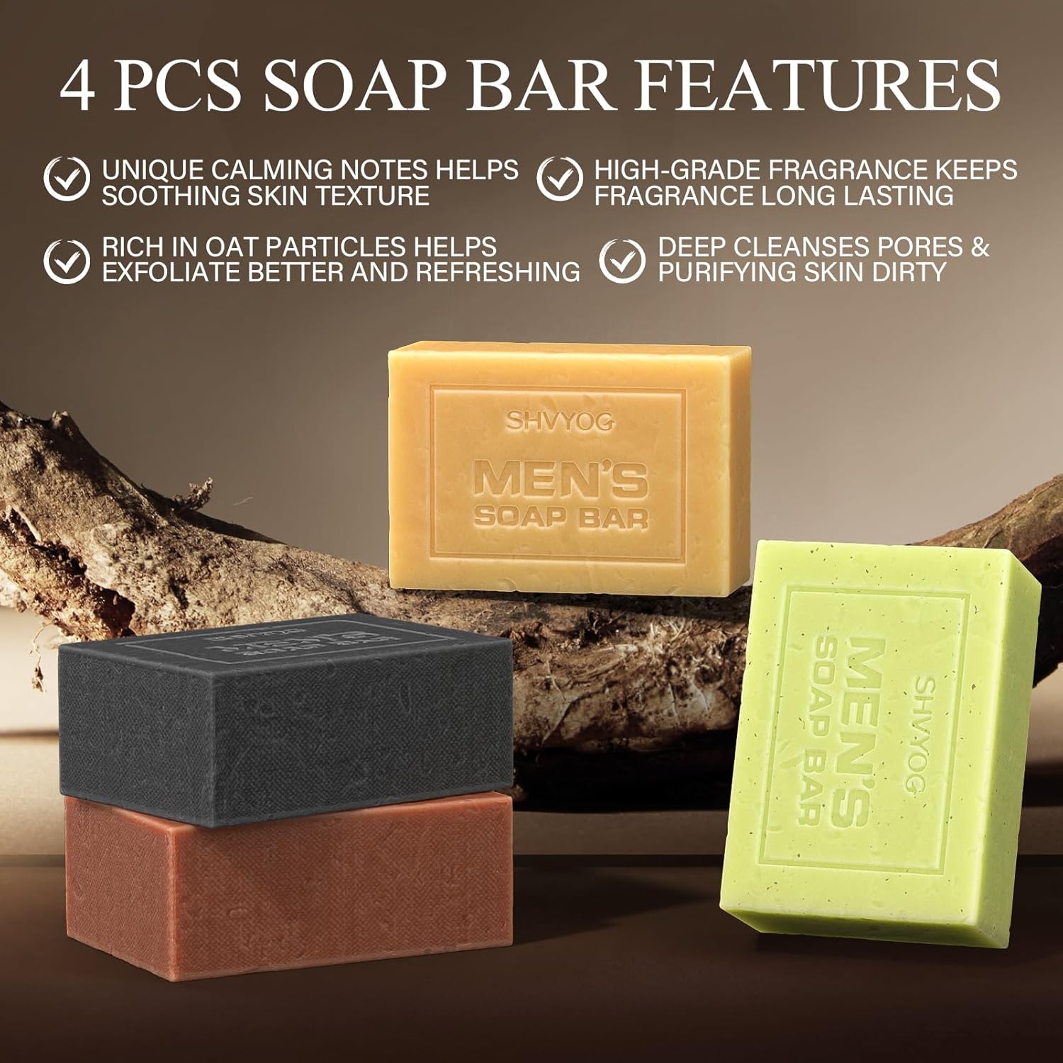 SHVYOG 4 jabones para hombre, jabón de barra para hombre, jabón natural para hombres, jabón exfoliante hecho a mano prensado en frío, limpieza