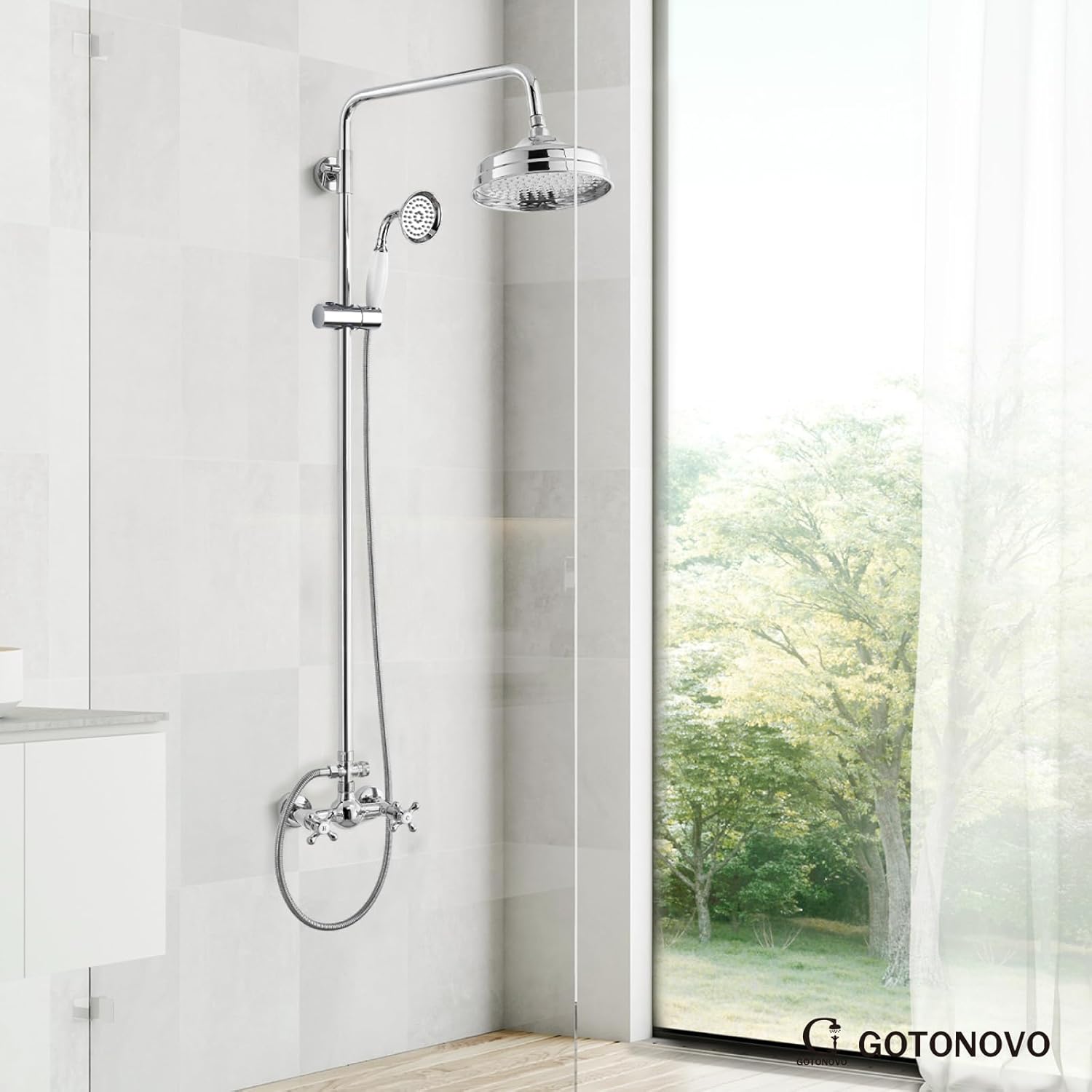 gotonovo Juego de grifo de ducha expuesto para baño con asas cruzadas, montaje en pared, cabezal de ducha de lluvia de 8 pulgadas, accesorio de