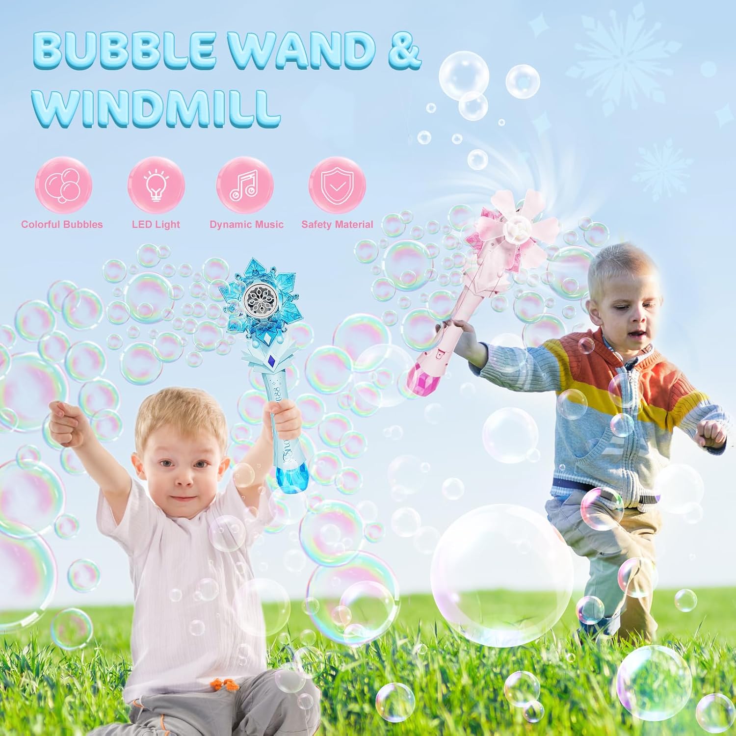 VATOS Varitas de burbujas 2 paquetes para niños, máquina sopladora automática de burbujas, luz y música, varita de burbujas de copo de nieve con 2