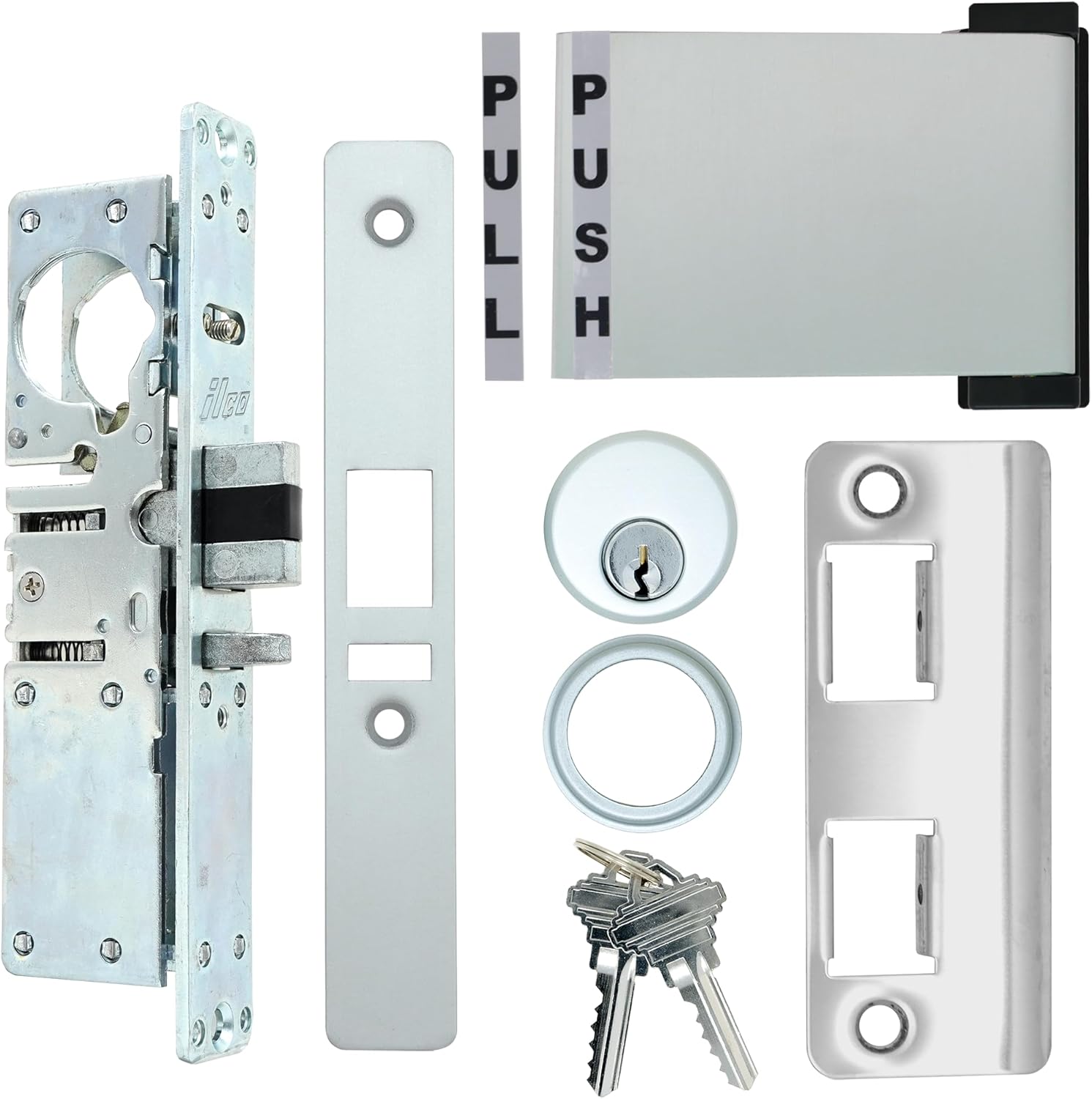 Adams Rite Style Latch – Kit de manija de salida con cilindro de mortaja y llaves, puerta de empuje a izquierda (aluminio, respaldo de 1-18