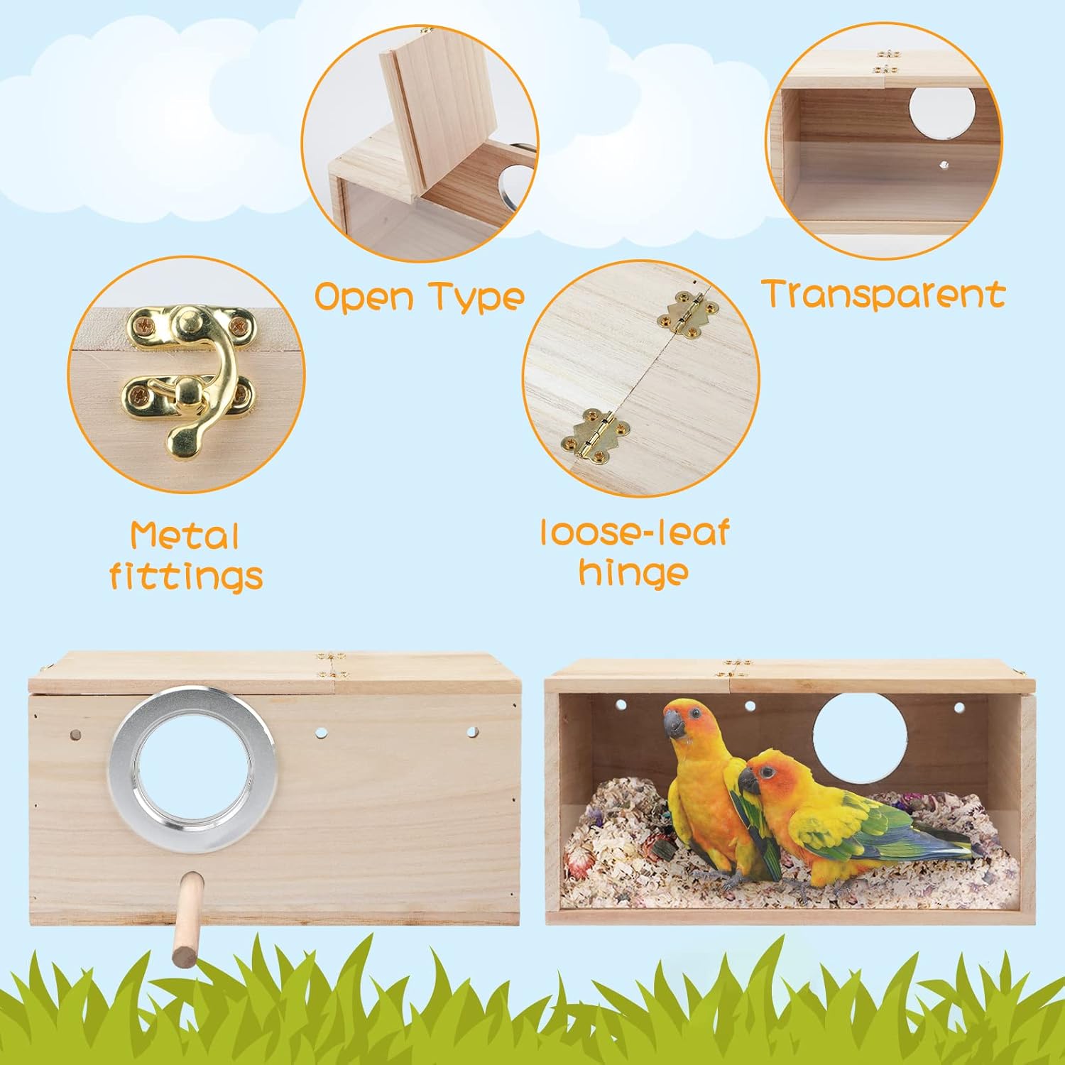 Rypet Caja de nido de periquitos con diseño transparente, caja de cría de nido de pájaros con perca de madera para pájaros de cacatúa, agapornis,
