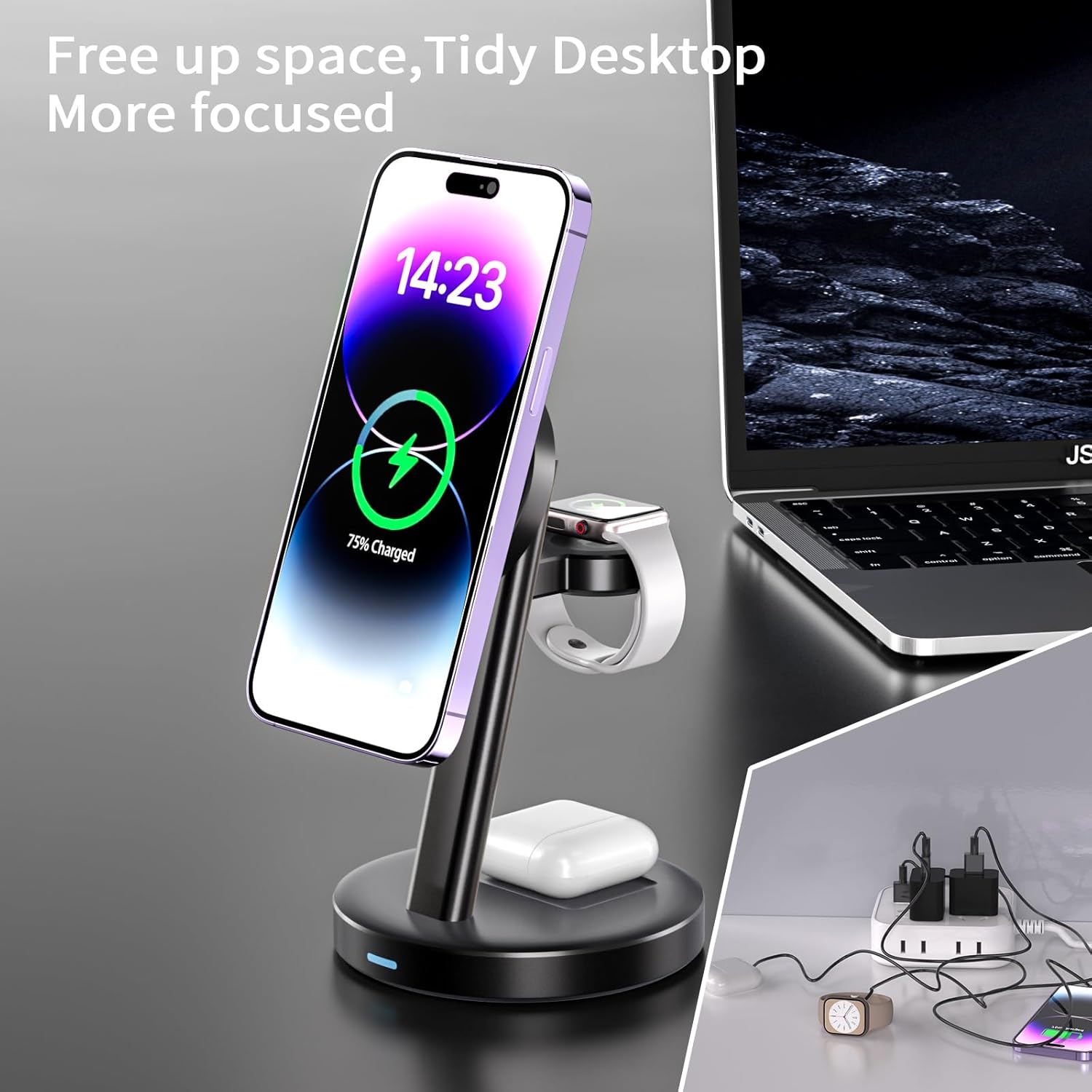 Estación de carga inalámbrica magnética para la serie Apple, soporte de cargador rápido estándar 3 en 1 de 15 W, adaptador QC3.0, para iPhone 14,