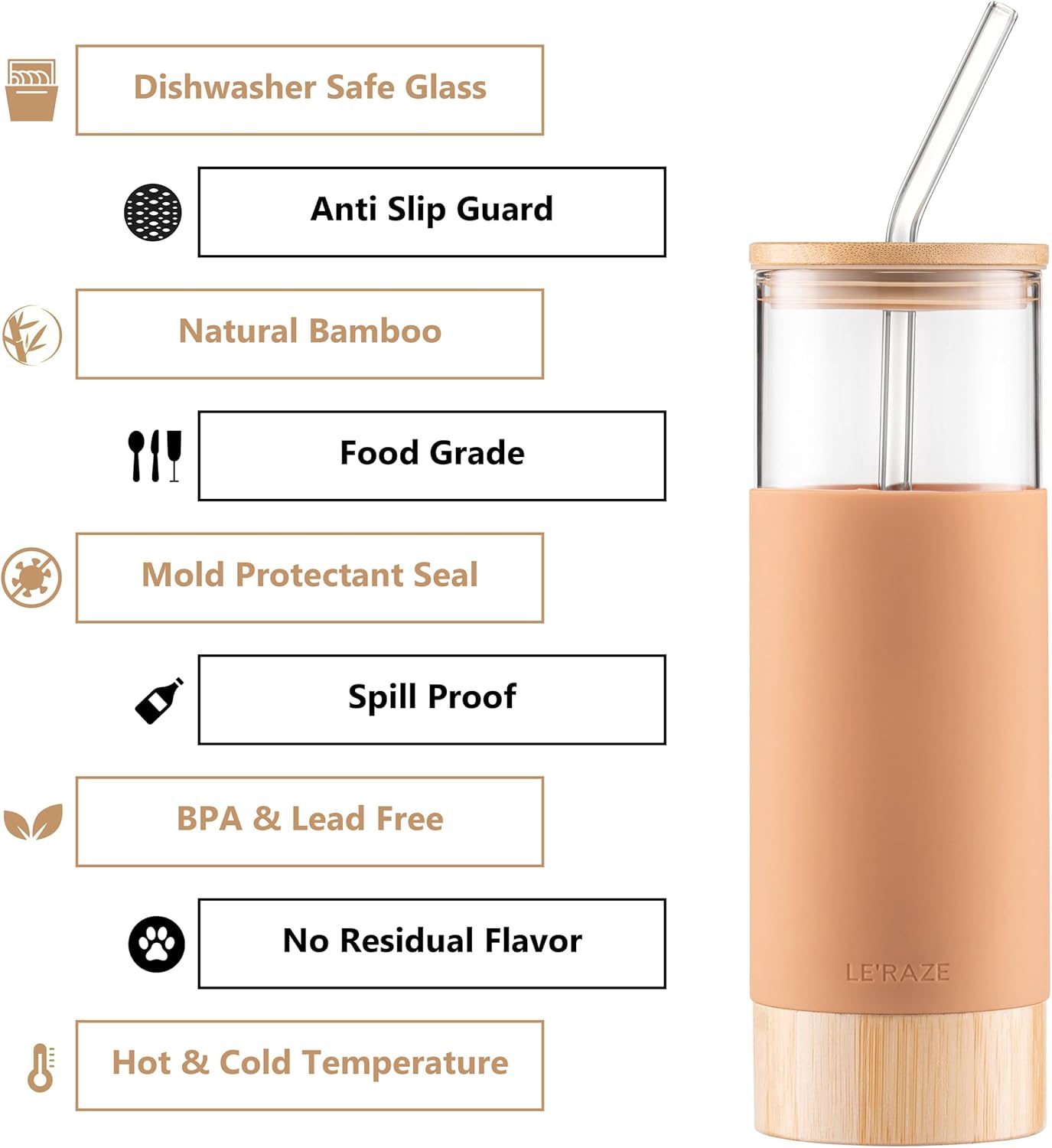 Vaso de vidrio prémium de 20 onzas con popote y tapa de bambú y base con funda protectora de silicona, sin BPA, botella de agua Growler
