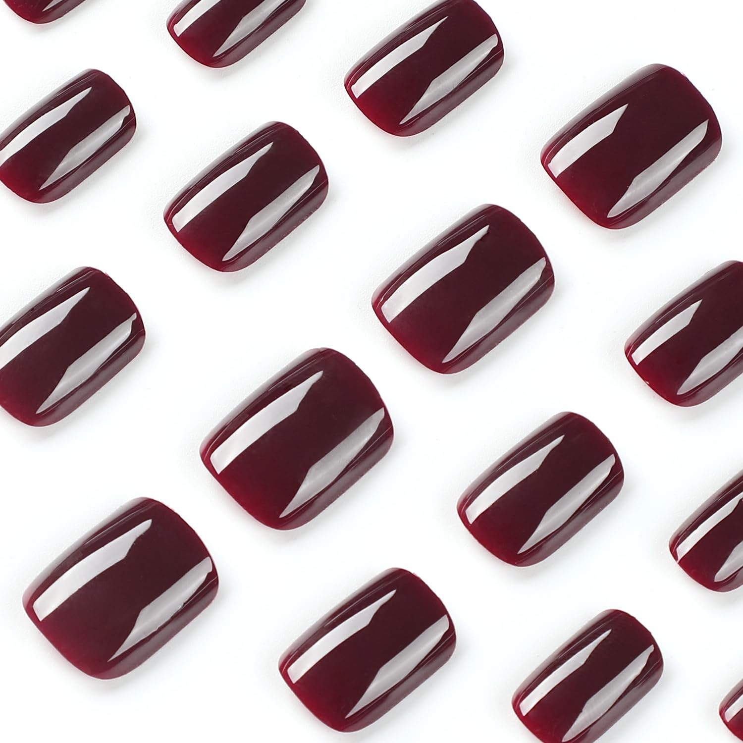Uñas postizas cortas a presión, uñas postizas cuadradas color rojo vino, uñas acrílicas de color puro, cobertura completa, brillantes, uñas postizas