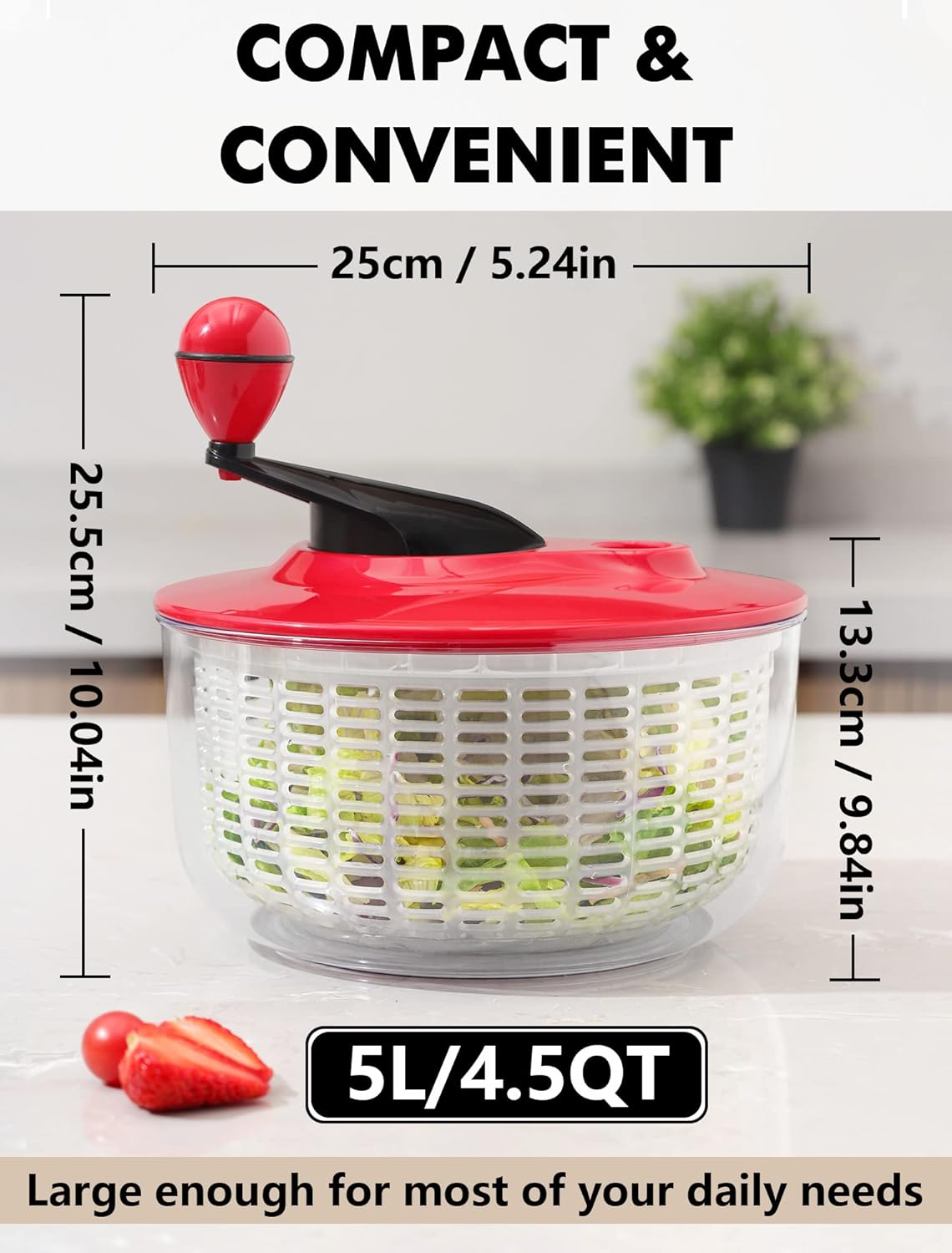 Escurridor de ensalada de gran capacidad de 5 litros, fácil de limpiar, con cuenco, lavadora y secadora, apto para lavavajillas, ideal para verduras